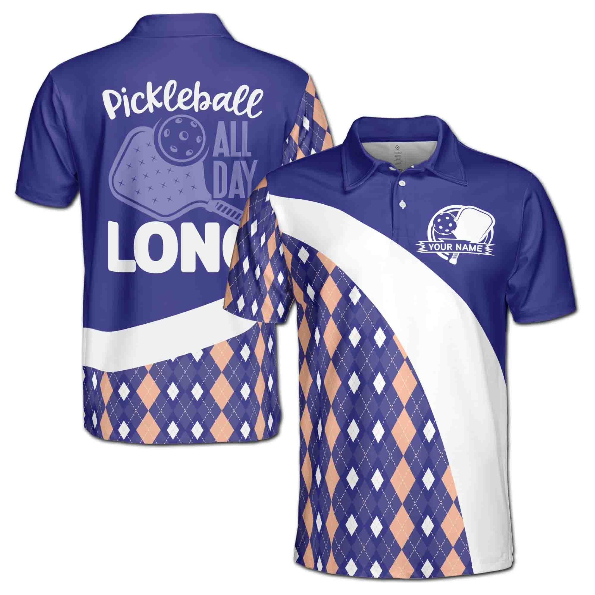 Personalizedize Name Pickleball Paddle All Day Long Blue 3D Men's Polo Shirt