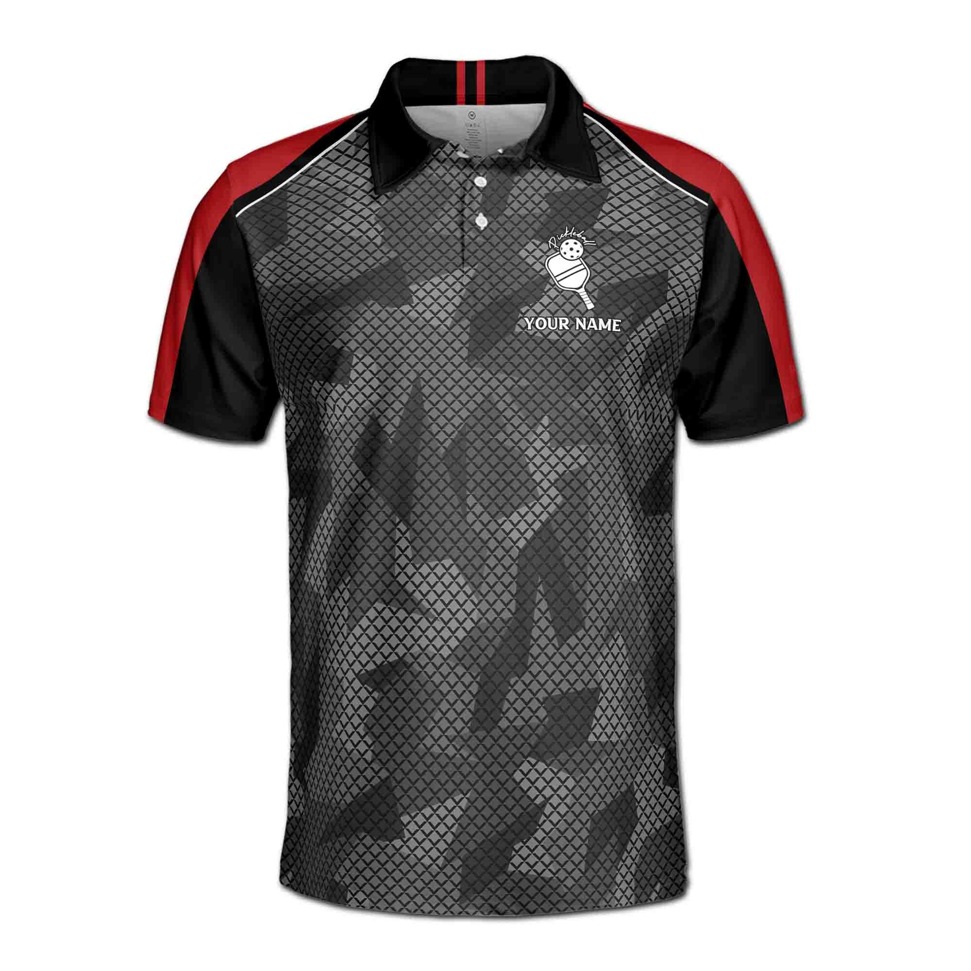 Alternative view of Personalizedize Name Pickleball Paddle Camo Olive Wreath Black Gray Red 3D Men's Polo Shirt