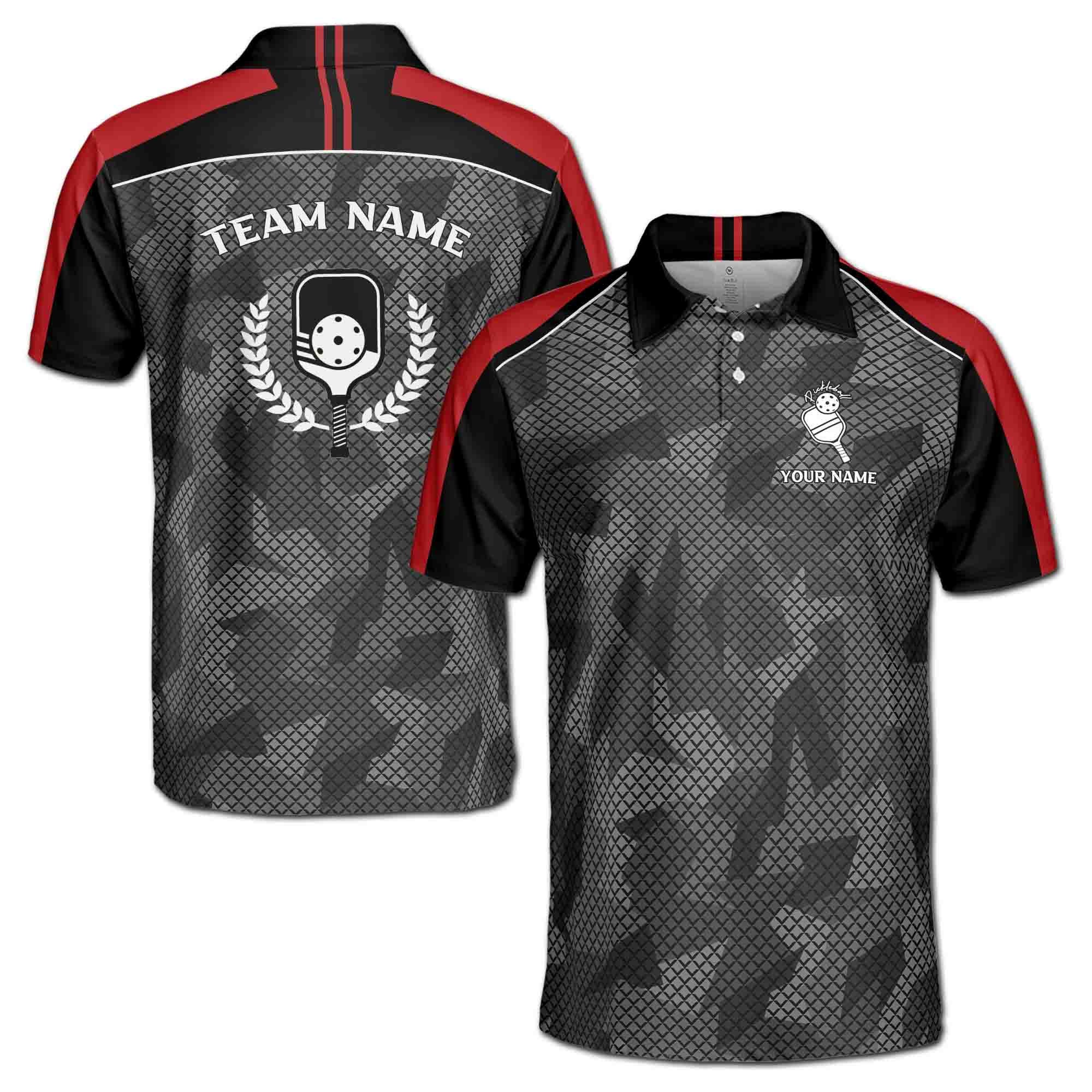 Personalizedize Name Pickleball Paddle Camo Olive Wreath Black Gray Red 3D Men's Polo Shirt
