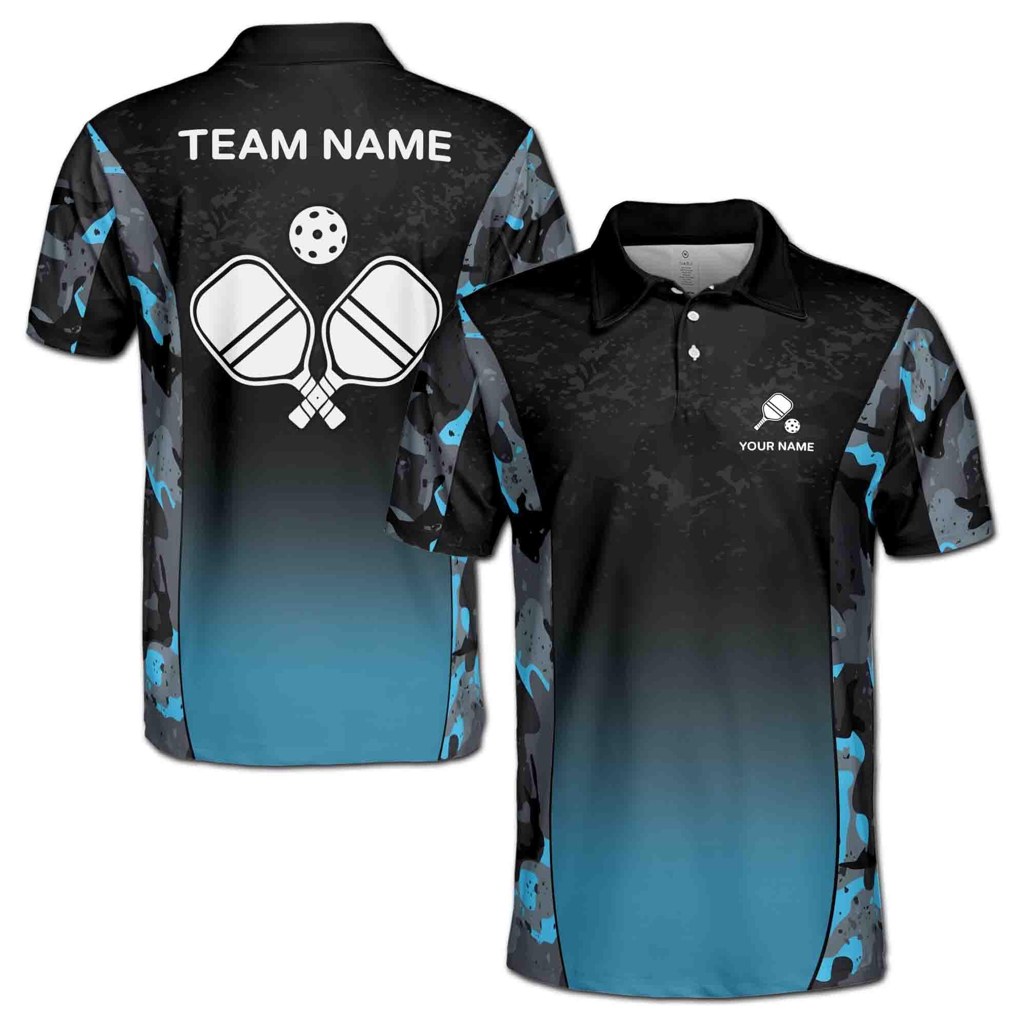 Personalizedize Name Pickleball Paddle Camo Pattern Black Blue 3D Men's Polo Shirt