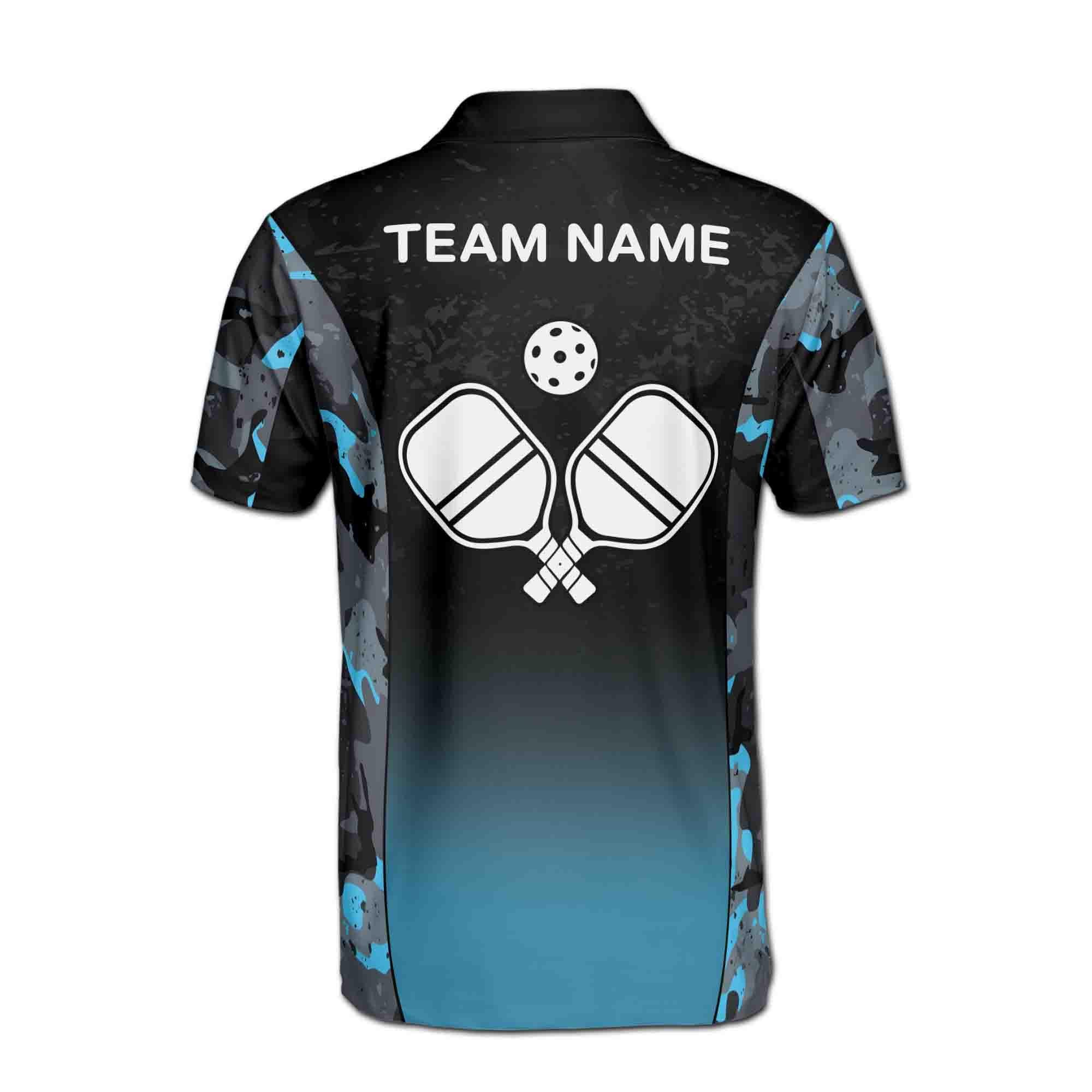 Personalizedize Name Pickleball Paddle Camo Pattern Black Blue 3D Men's Polo Shirt - Image 3