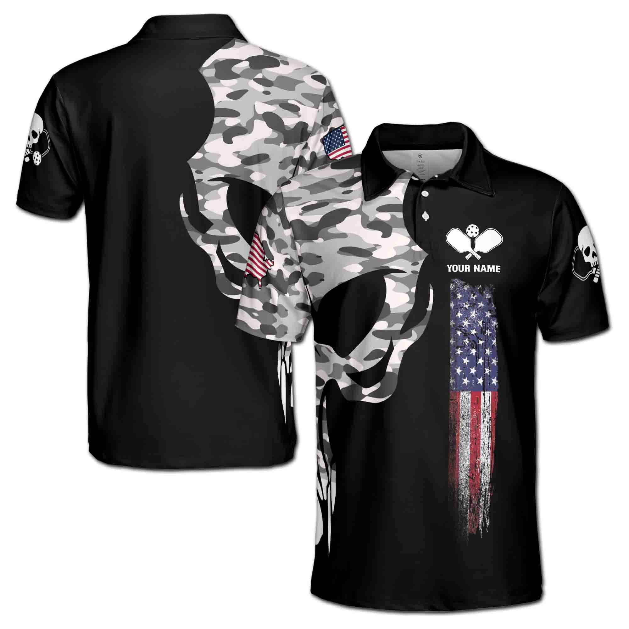 Personalizedize Name Pickleball Paddle Camo Skull USA Flag Black 3D Men's Polo Shirt