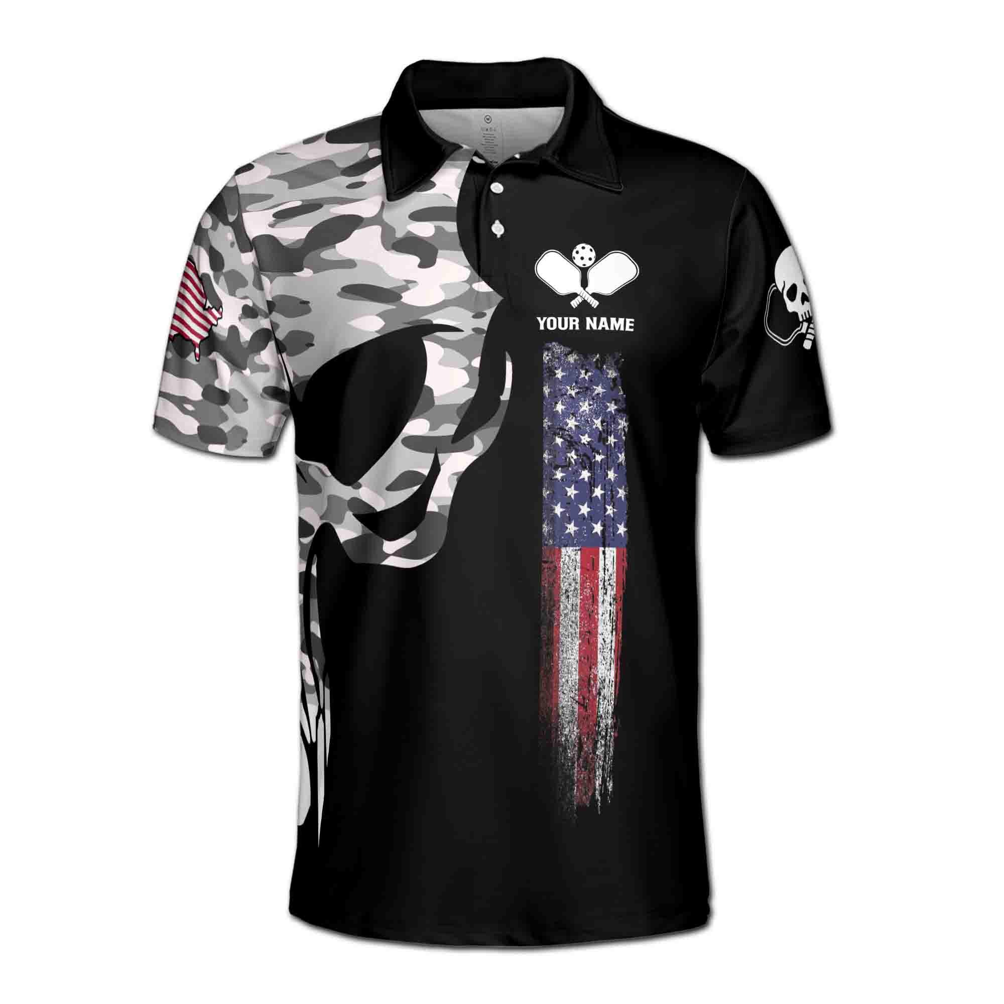 Alternative view of Personalizedize Name Pickleball Paddle Camo Skull USA Flag Black 3D Men's Polo Shirt
