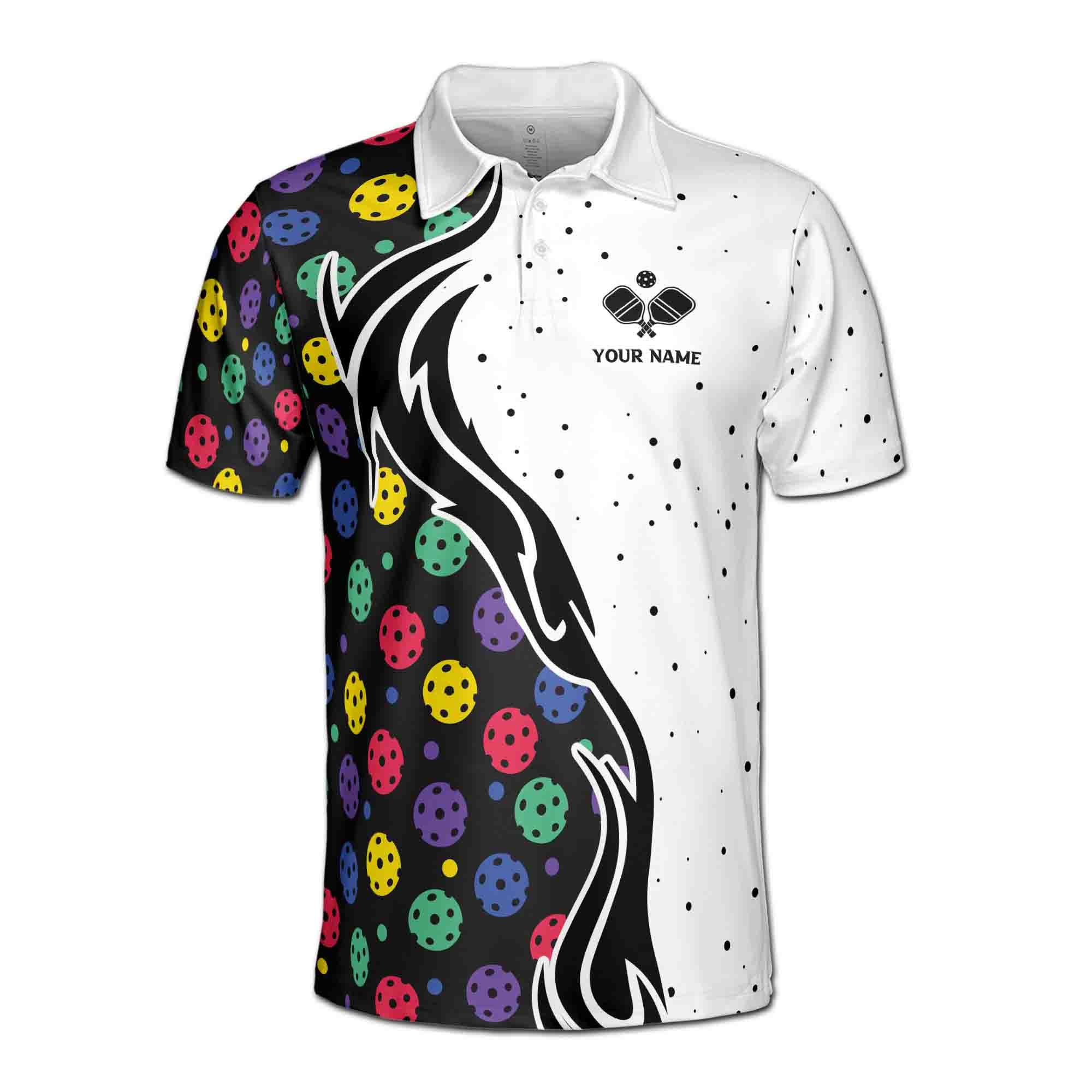 Alternative view of Personalizedize Name Pickleball Paddle Colorful Balls Dots Pattern White Black 3D Men's Polo Shirt