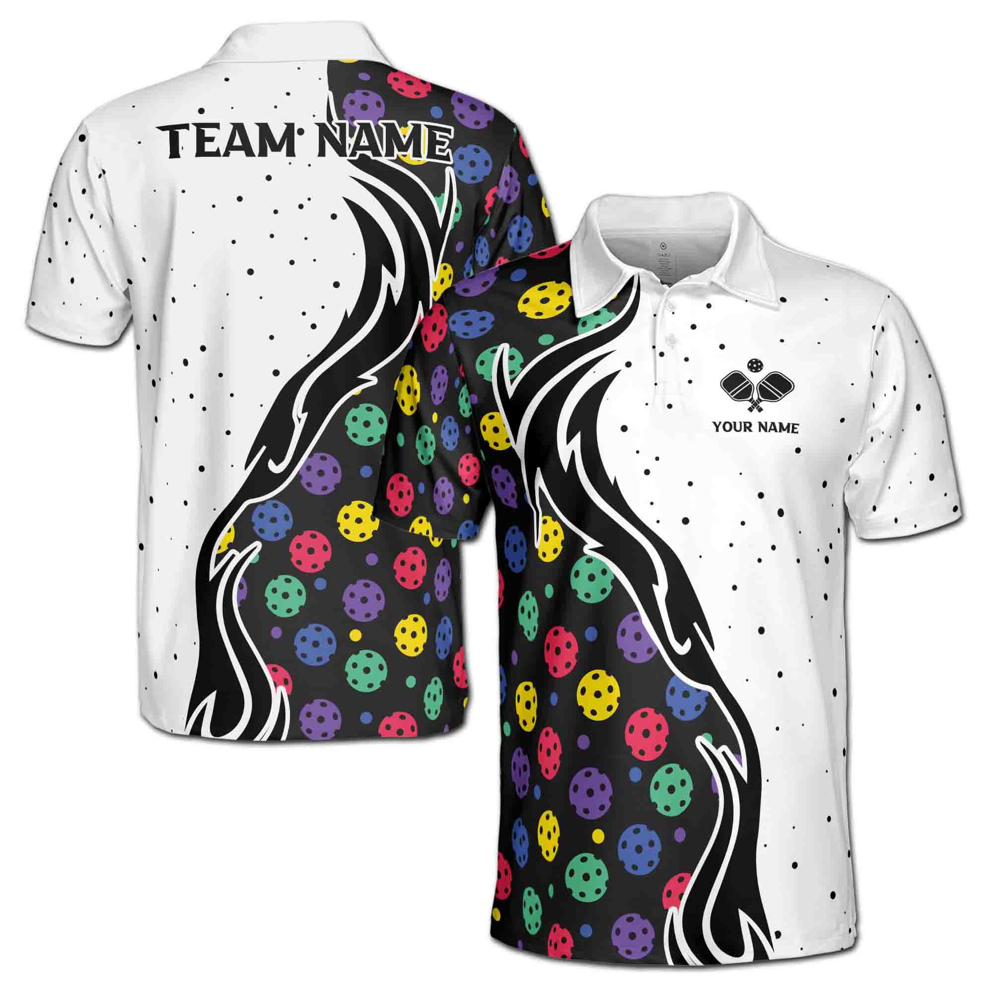 Personalizedize Name Pickleball Paddle Colorful Balls Dots Pattern White Black 3D Men's Polo Shirt