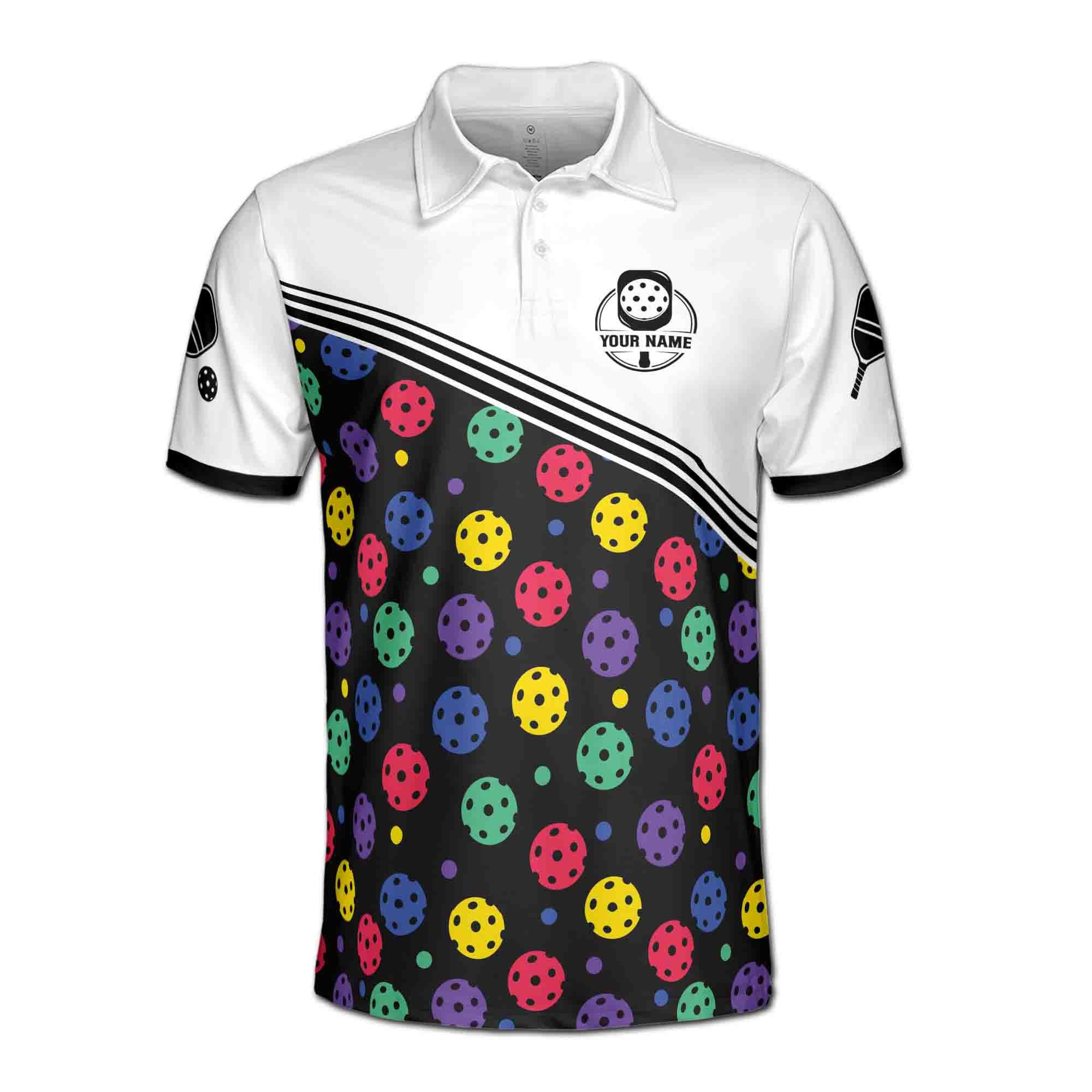 Alternative view of Personalizedize Name Pickleball Paddle Colorful Balls White Black 3D Men's Polo Shirt
