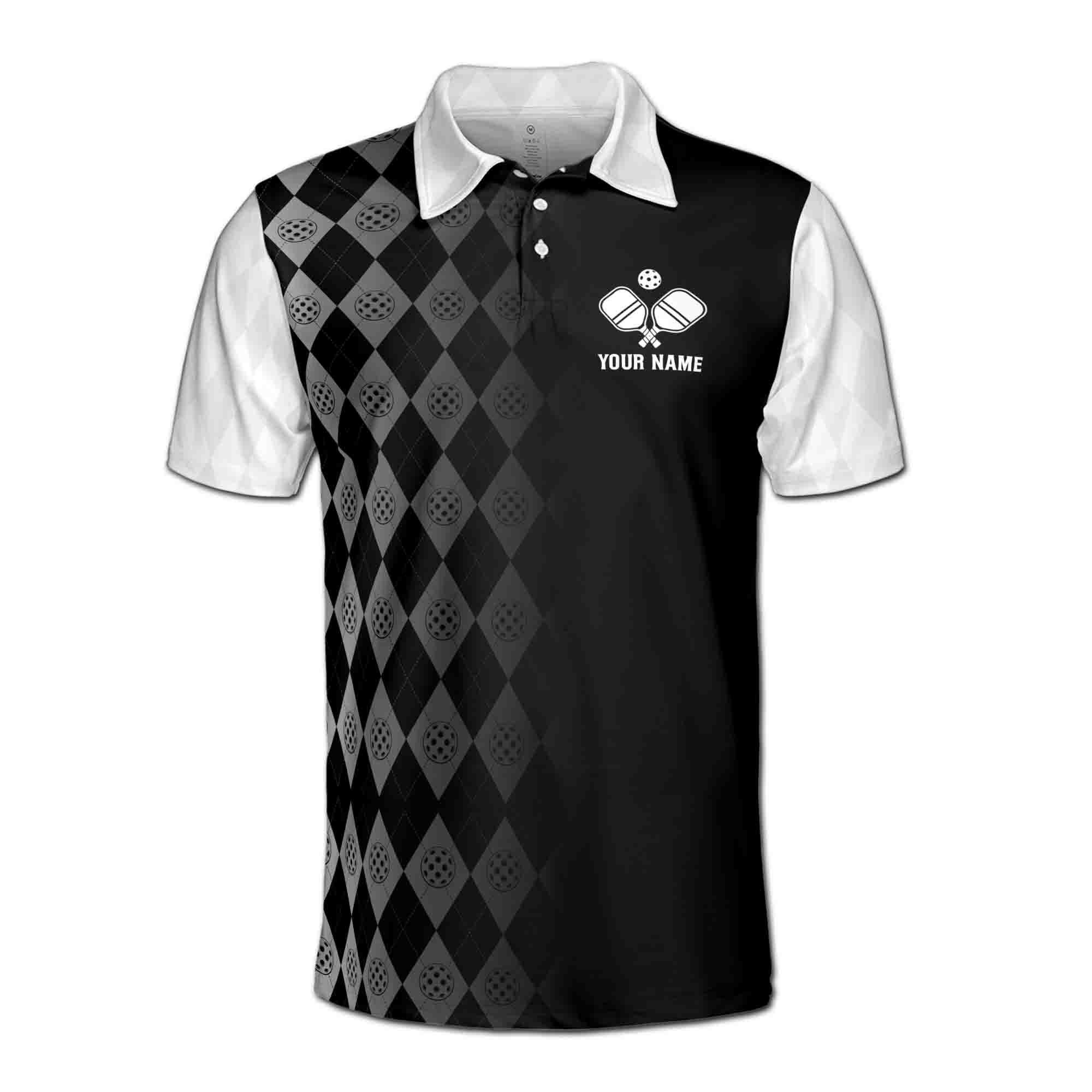 Alternative view of Personalizedize Name Pickleball Paddle Fading Pattern Black White 3D Men's Polo Shirt