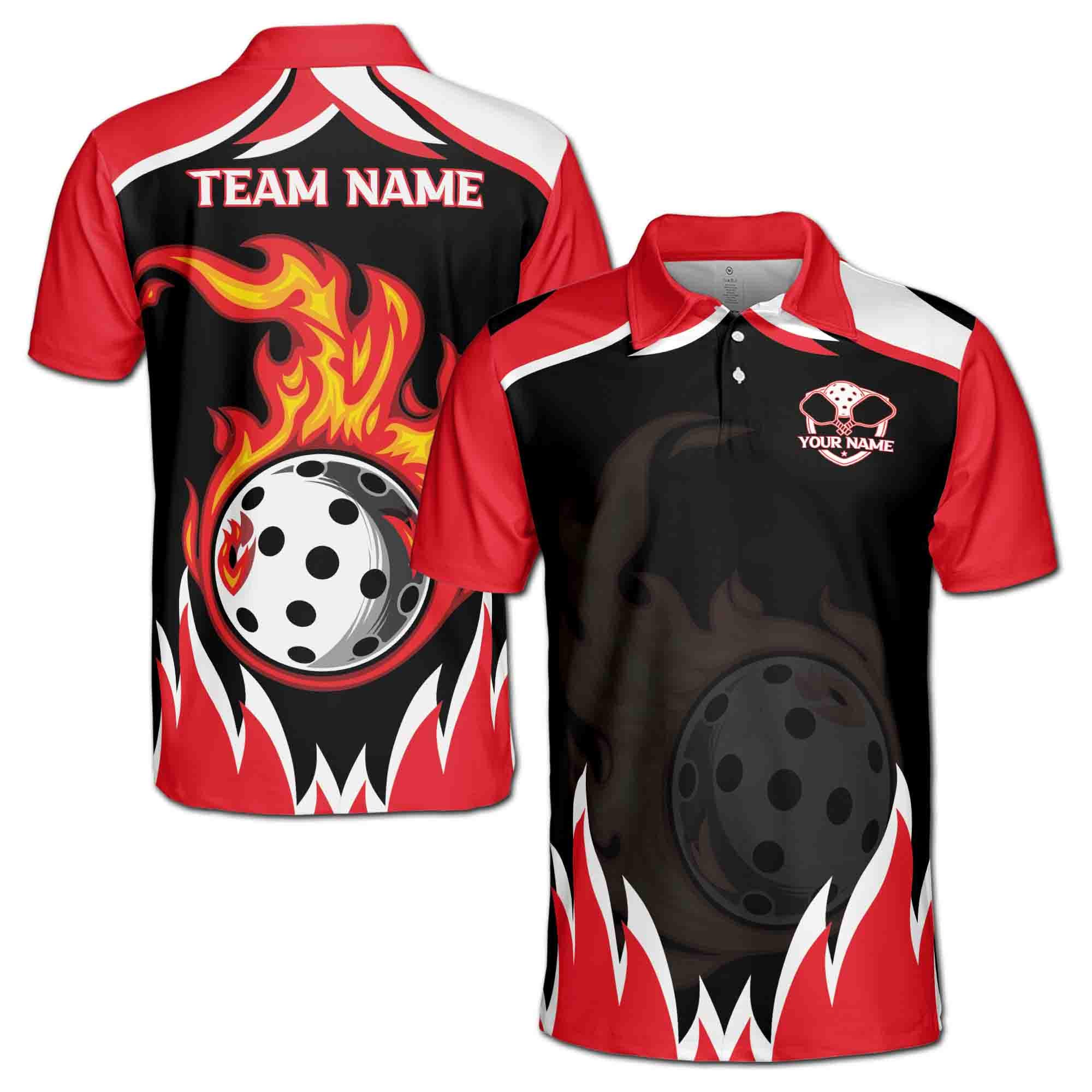 Personalizedize Name Pickleball Paddle Flaming Balls Red Black White 3D Men's Polo Shirt