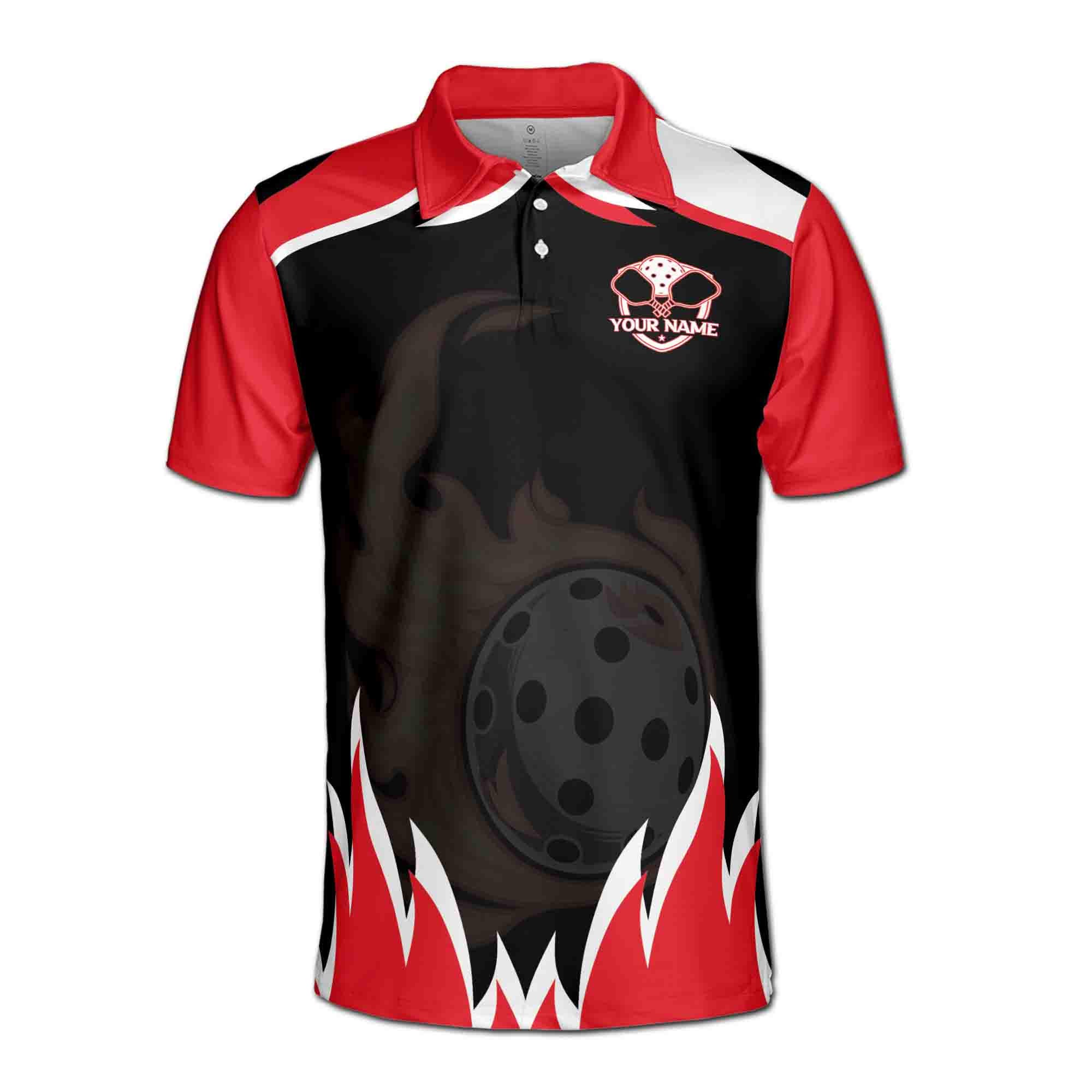 Alternative view of Personalizedize Name Pickleball Paddle Flaming Balls Red Black White 3D Men's Polo Shirt