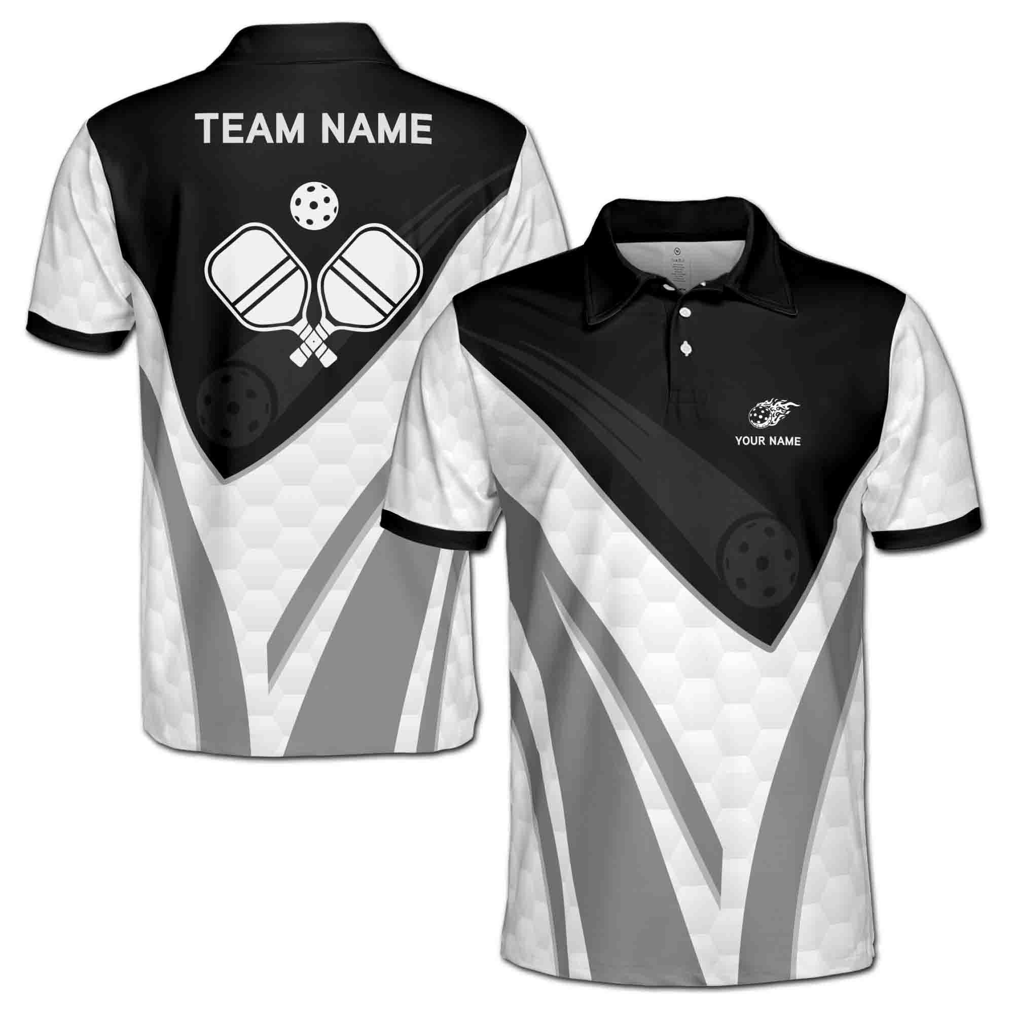 Personalizedize Name Pickleball Paddle Flaming Black White 3D Men's Polo Shirt