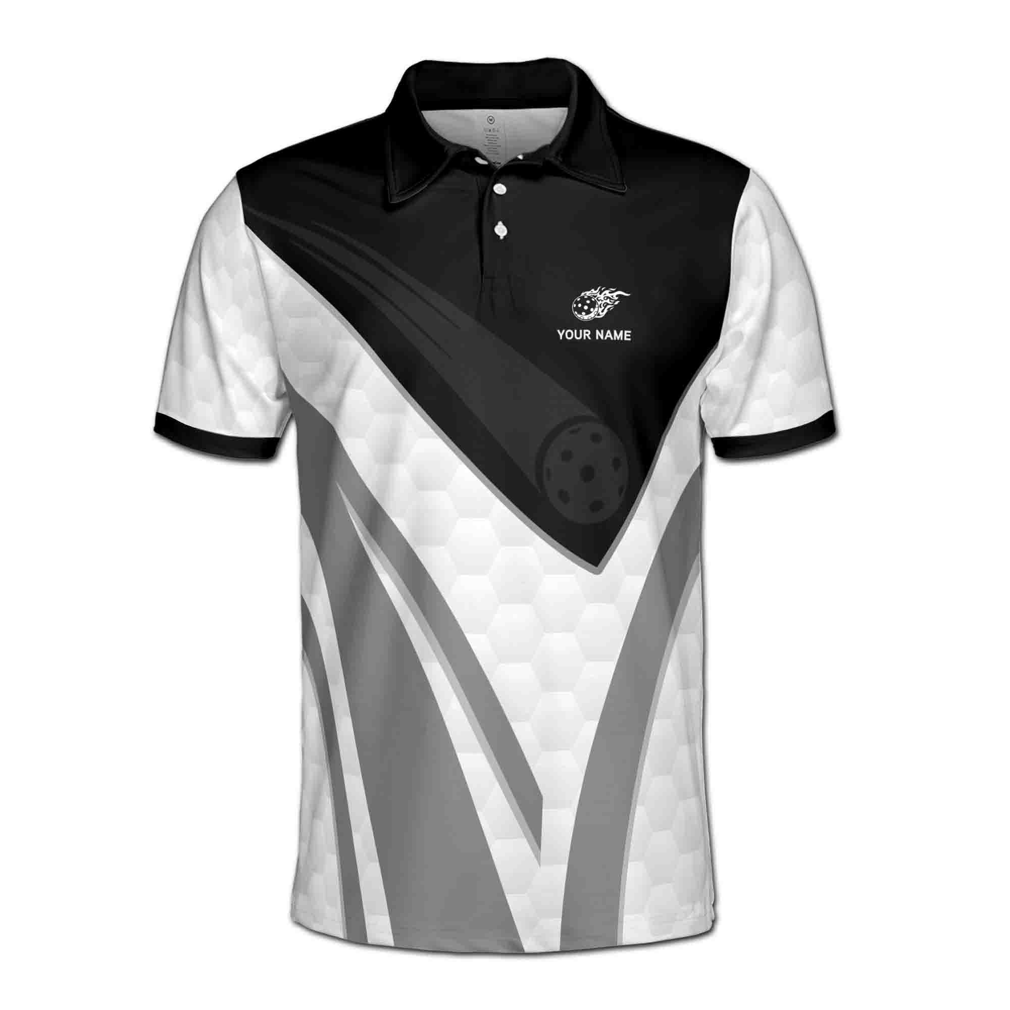 Alternative view of Personalizedize Name Pickleball Paddle Flaming Black White 3D Men's Polo Shirt