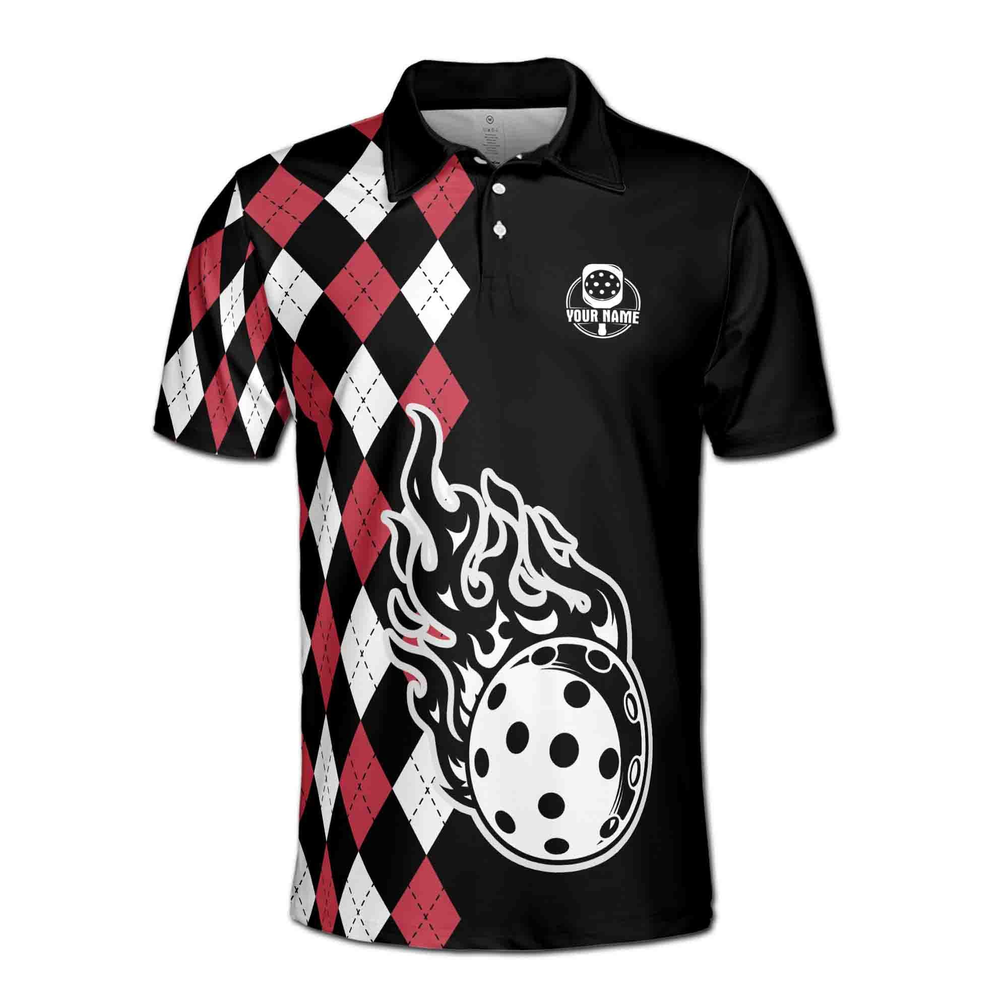 Alternative view of Personalizedize Name Pickleball Paddle Flaming Black White Red 3D Men's Polo Shirt