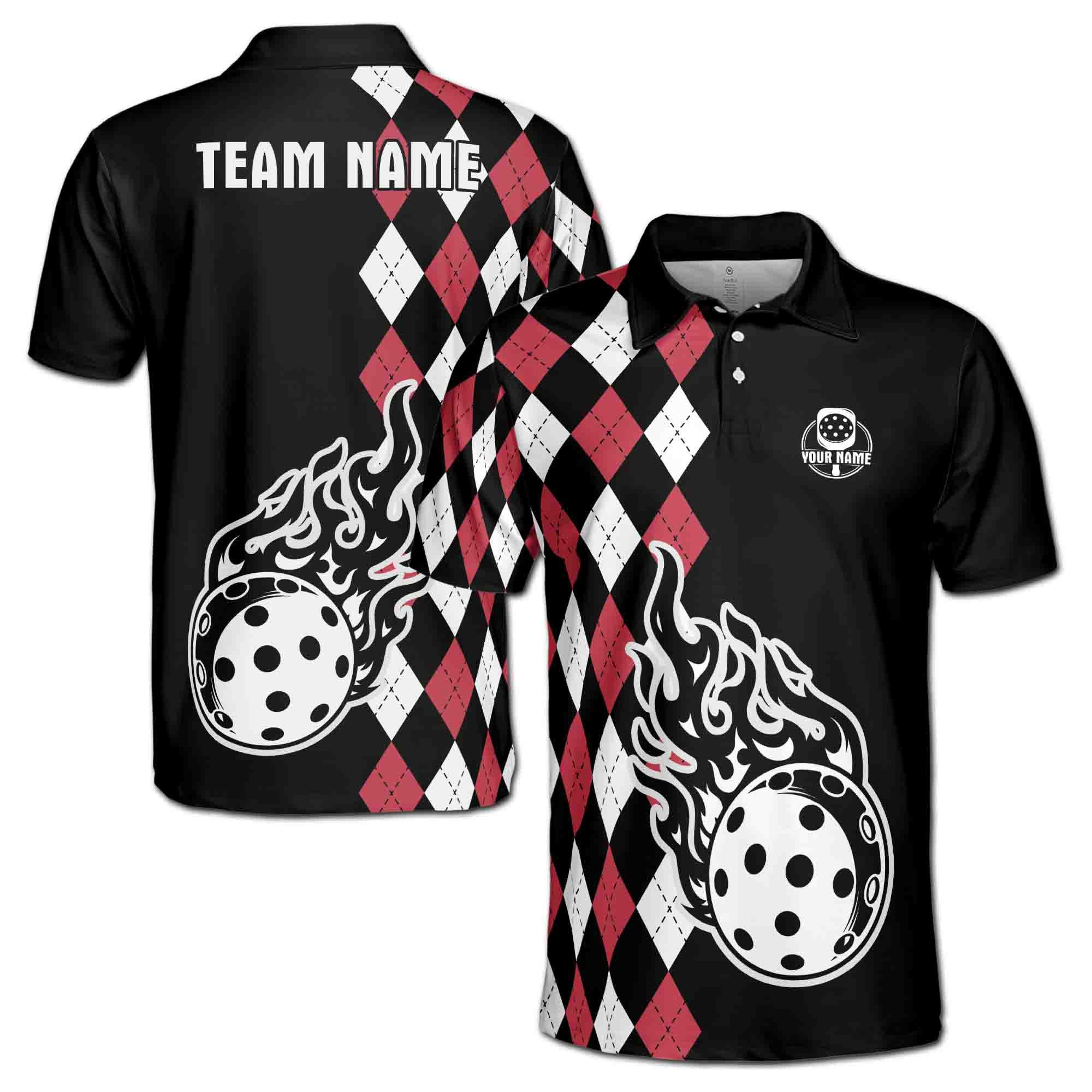 Personalizedize Name Pickleball Paddle Flaming Black White Red 3D Men's Polo Shirt