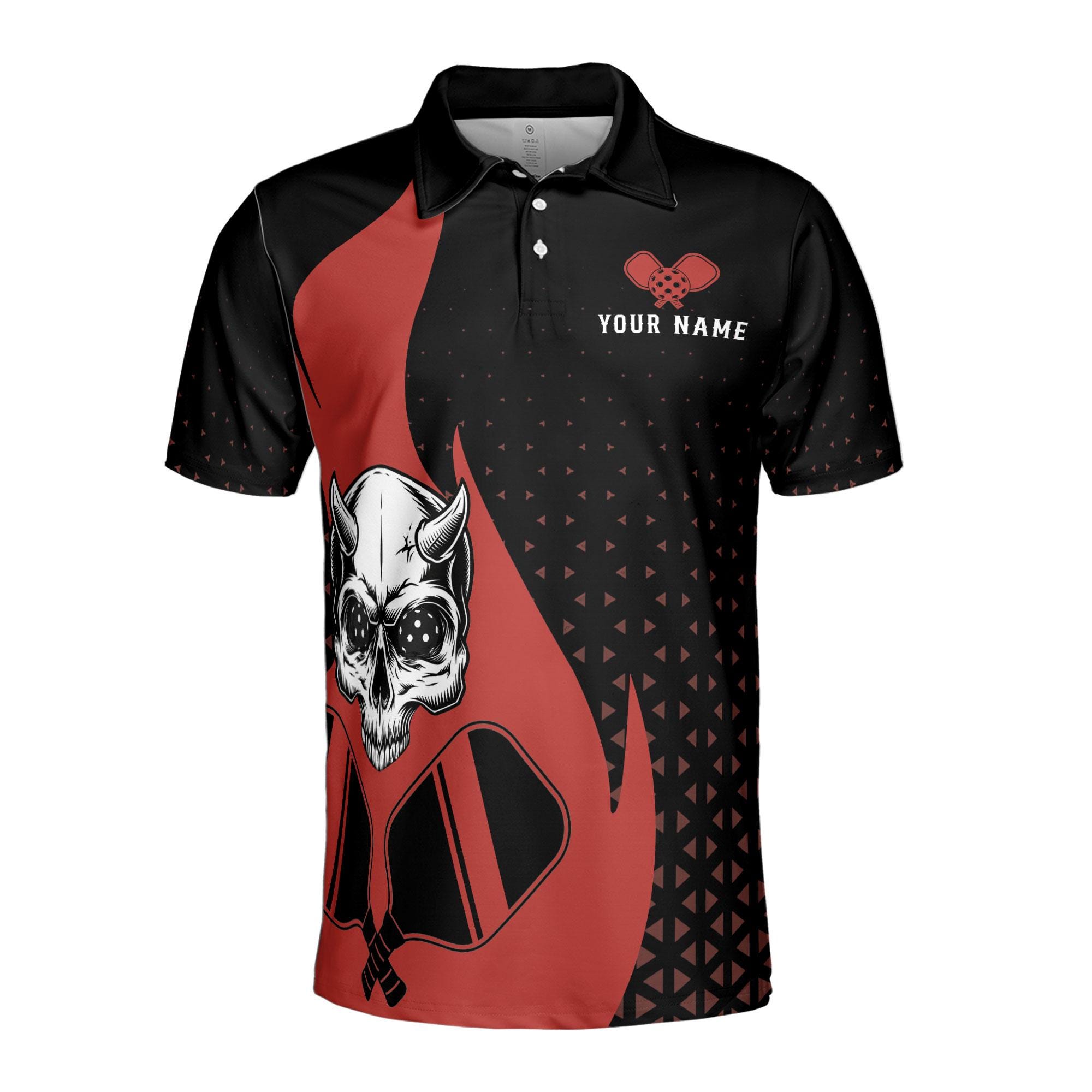 Alternative view of Personalizedize Name Pickleball Paddle Flaming Horned Skull Black Red 3D Men's Polo Shirt
