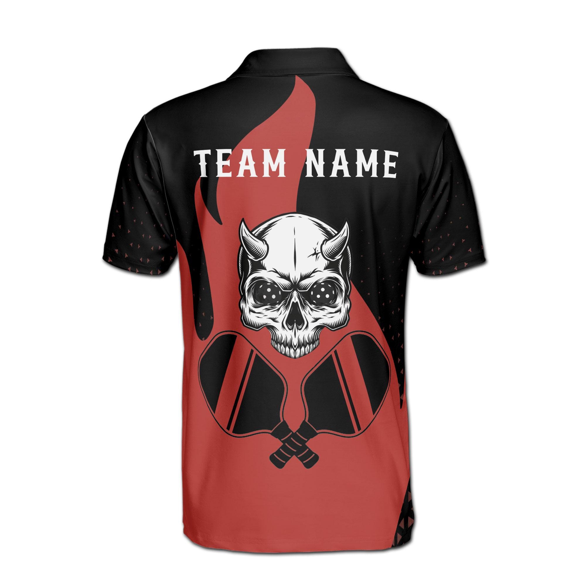 Personalizedize Name Pickleball Paddle Flaming Horned Skull Black Red 3D Men's Polo Shirt - Image 3