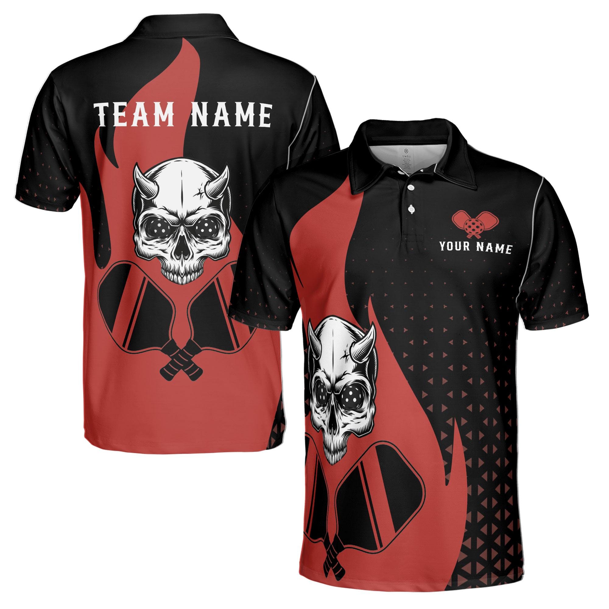 Personalizedize Name Pickleball Paddle Flaming Horned Skull Black Red 3D Men's Polo Shirt