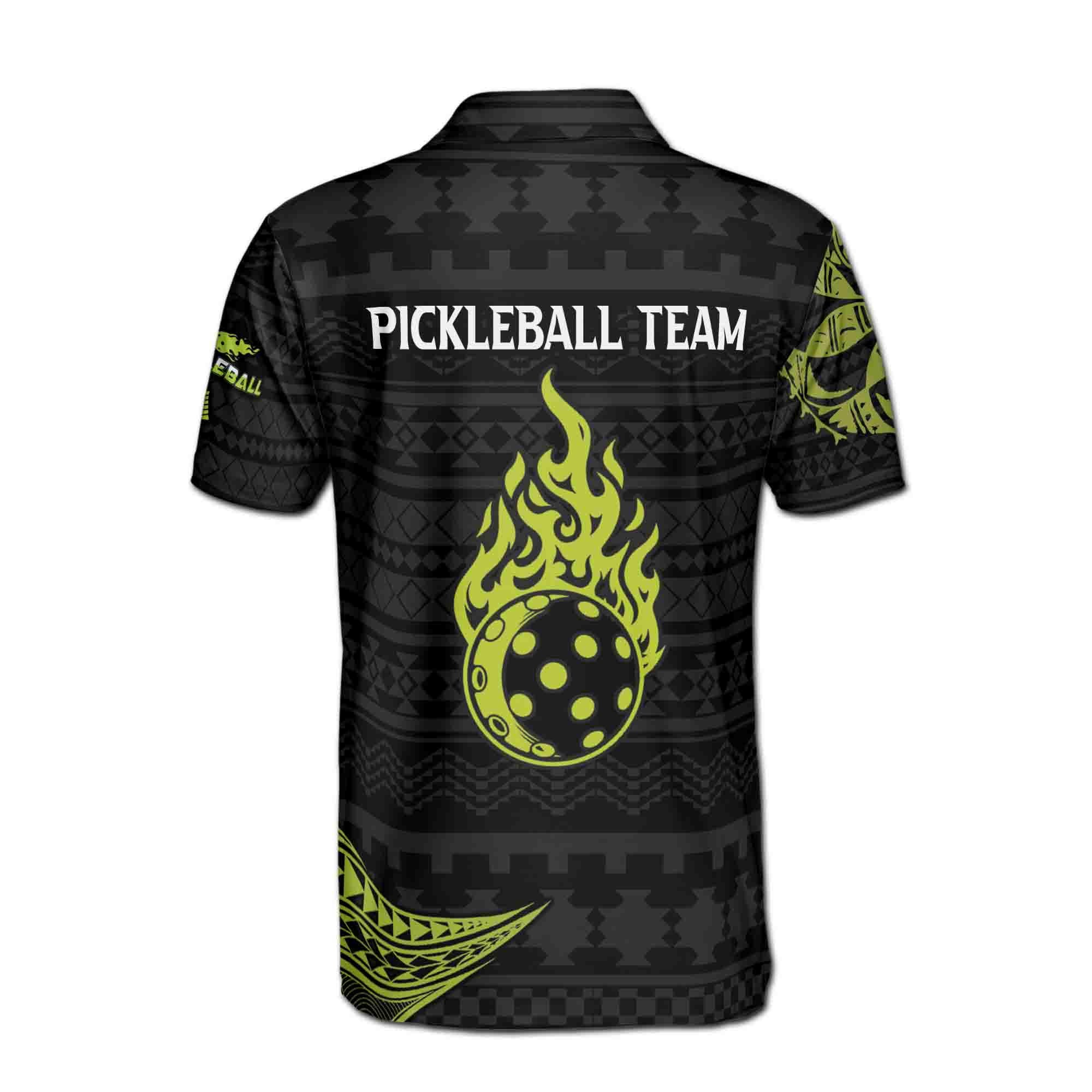 Personalizedize Name Pickleball Paddle Flaming Tribal Pattern Black Green 3D Men's Polo Shirt - Image 3