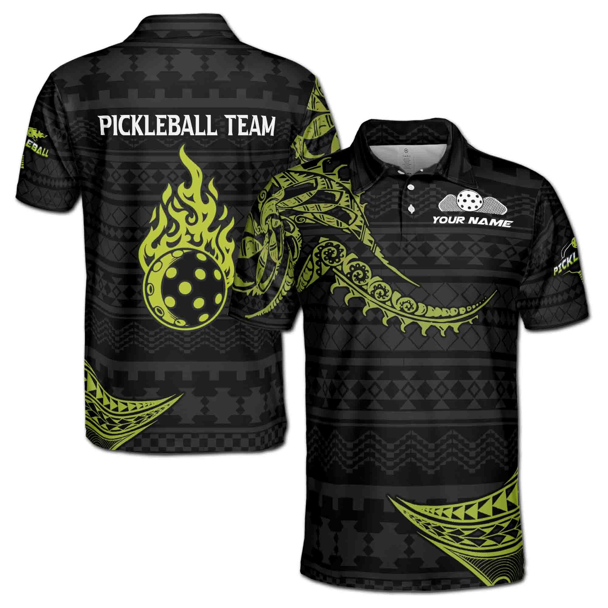 Personalizedize Name Pickleball Paddle Flaming Tribal Pattern Black Green 3D Men's Polo Shirt