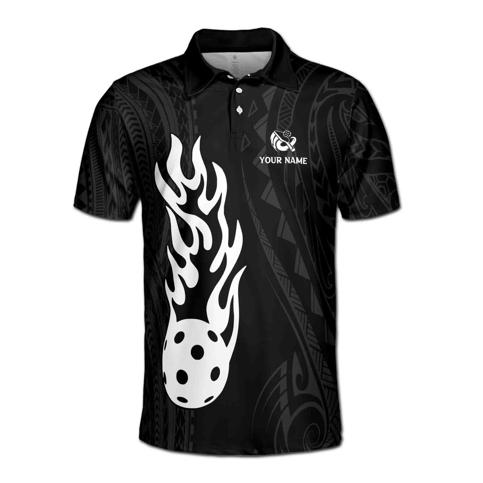 Alternative view of Personalizedize Name Pickleball Paddle Flaming Tribal Pattern Black White 3D Men's Polo Shirt