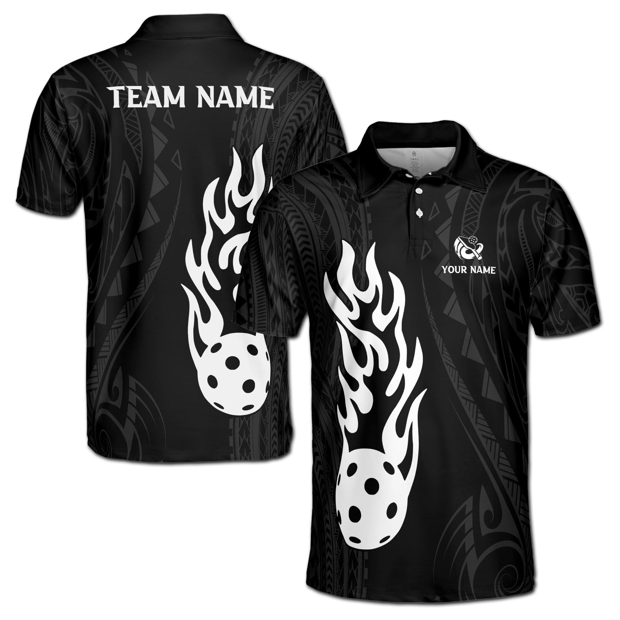 Personalizedize Name Pickleball Paddle Flaming Tribal Pattern Black White 3D Men's Polo Shirt