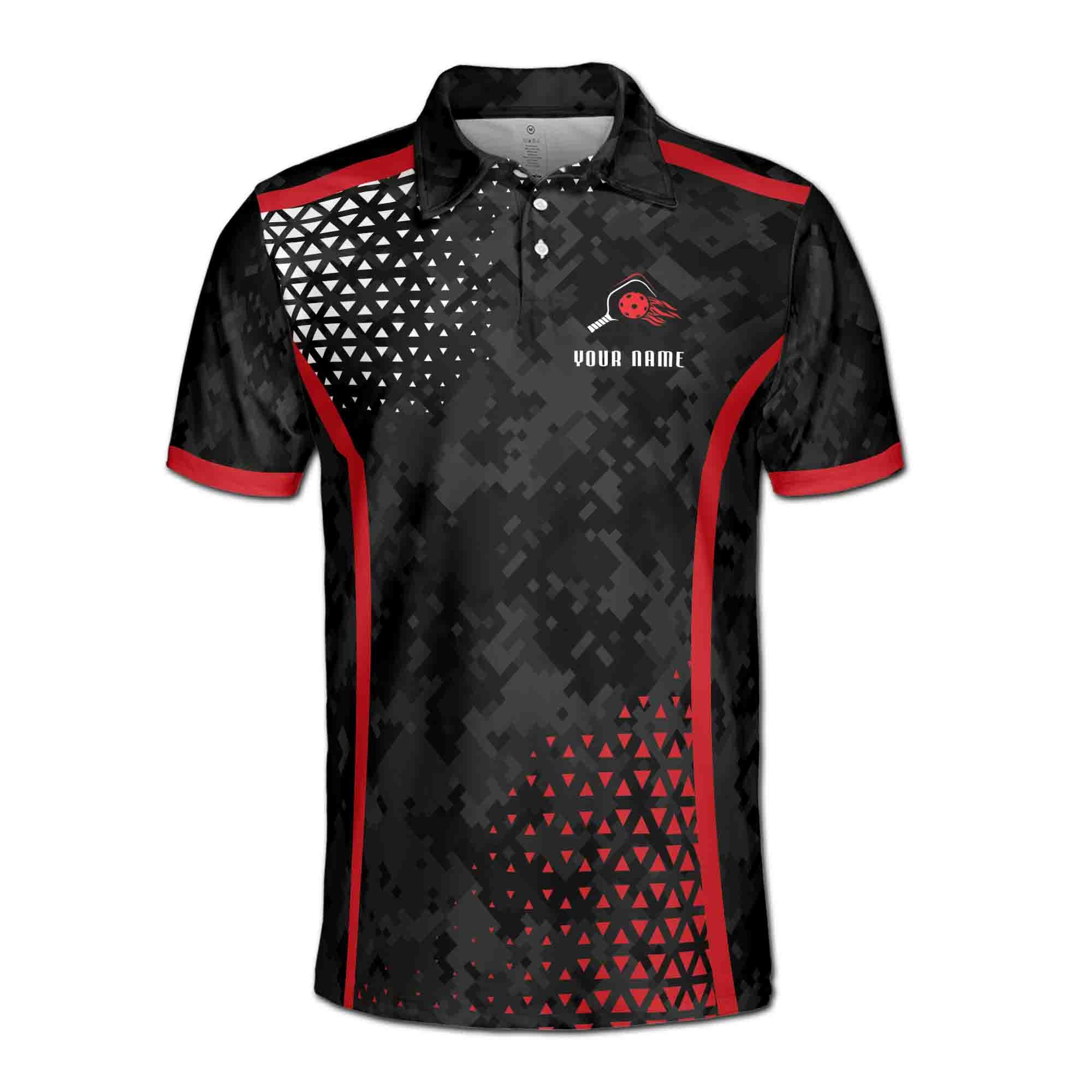 Alternative view of Personalizedize Name Pickleball Paddle Geometric Pattern Black Red 3D Men's Polo Shirt