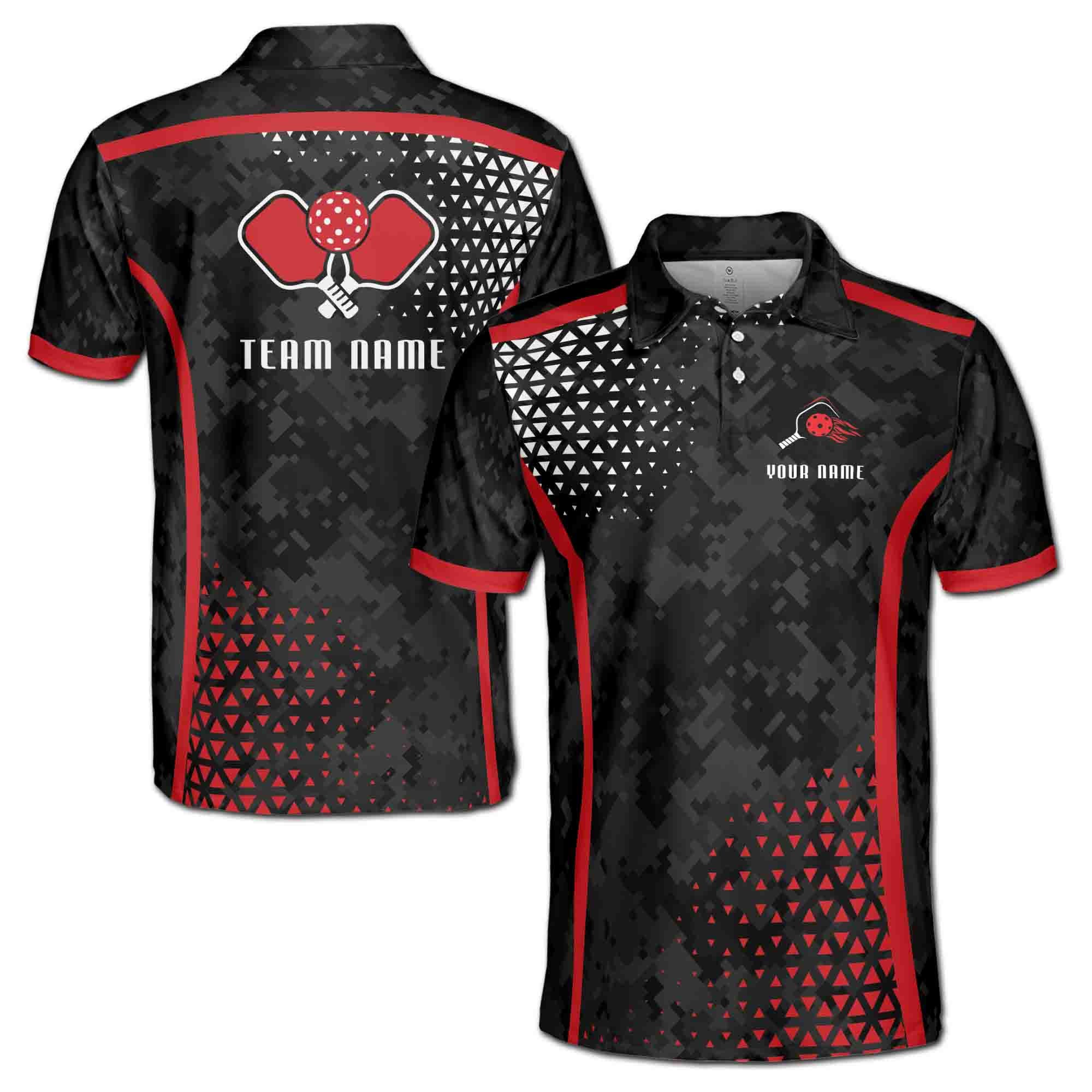 Personalizedize Name Pickleball Paddle Geometric Pattern Black Red 3D Men's Polo Shirt