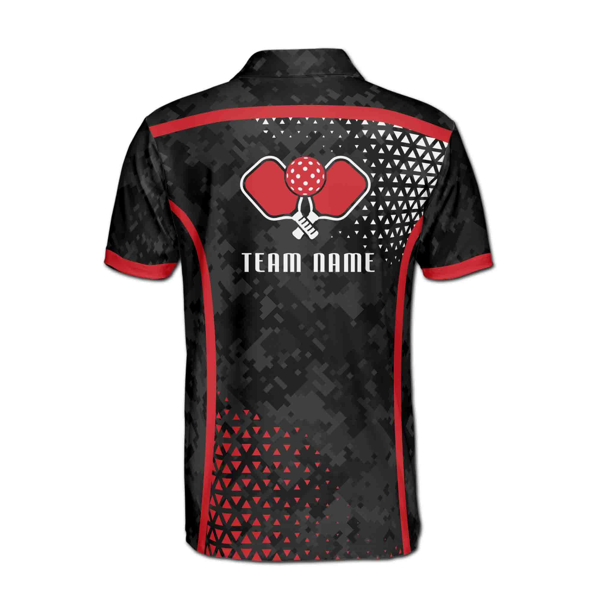 Personalizedize Name Pickleball Paddle Geometric Pattern Black Red 3D Men's Polo Shirt - Image 3