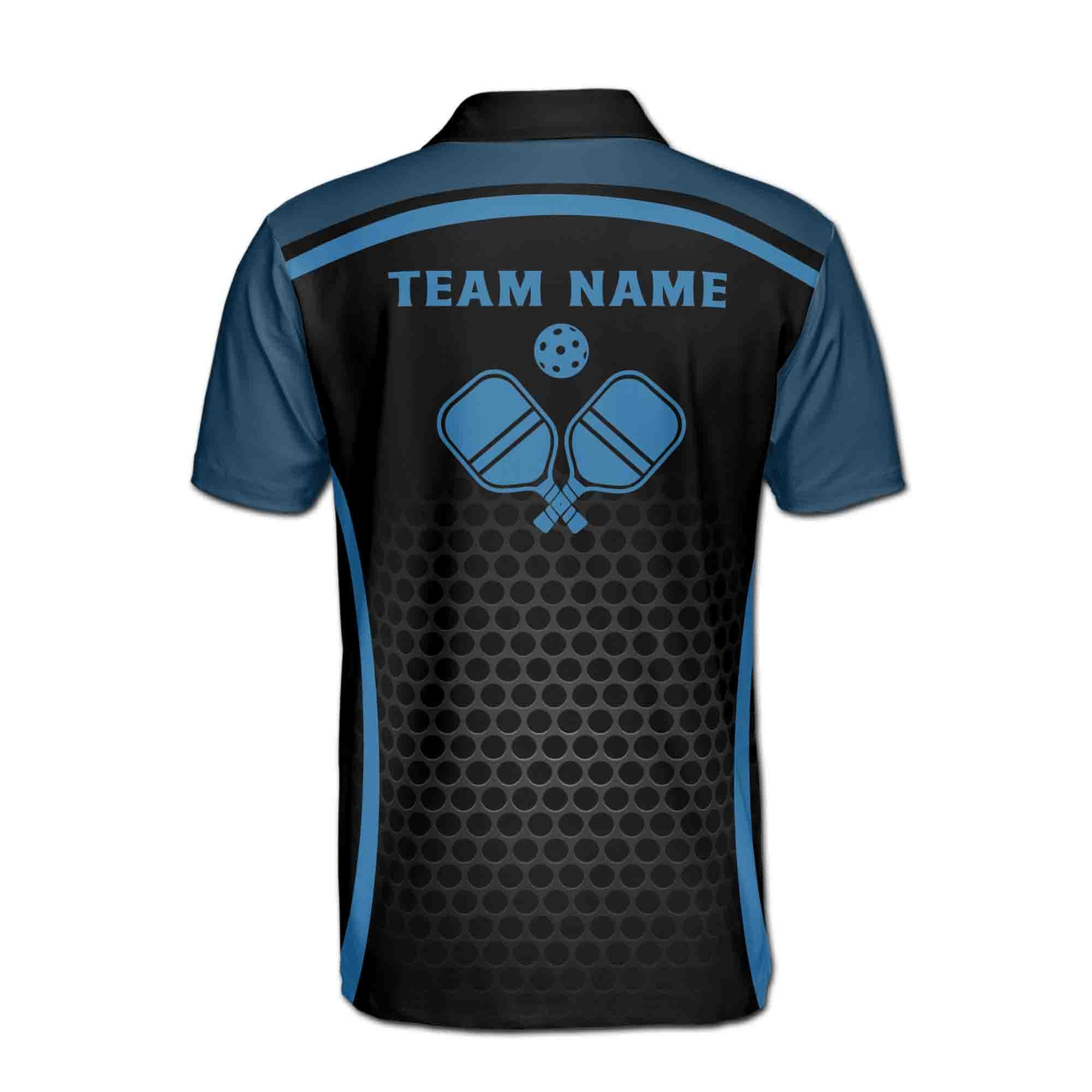 Personalizedize Name Pickleball Paddle Grate Pattern Black Blue 3D Men's Polo Shirt - Image 3