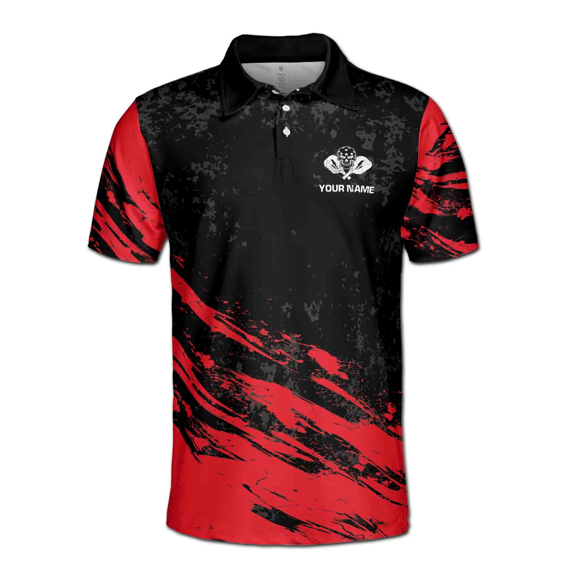 Alternative view of Personalizedize Name Pickleball Paddle Grunge Black Red 3D Men's Polo Shirt