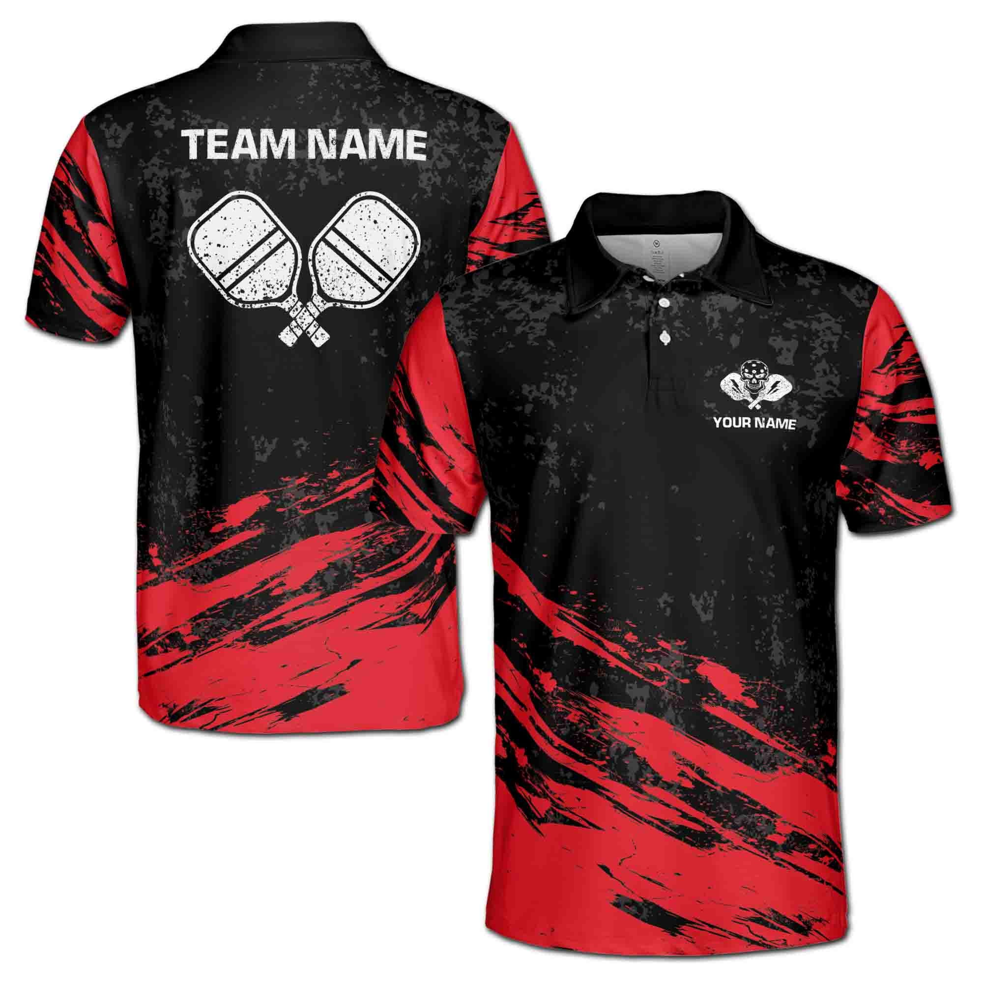 Personalizedize Name Pickleball Paddle Grunge Black Red 3D Men's Polo Shirt