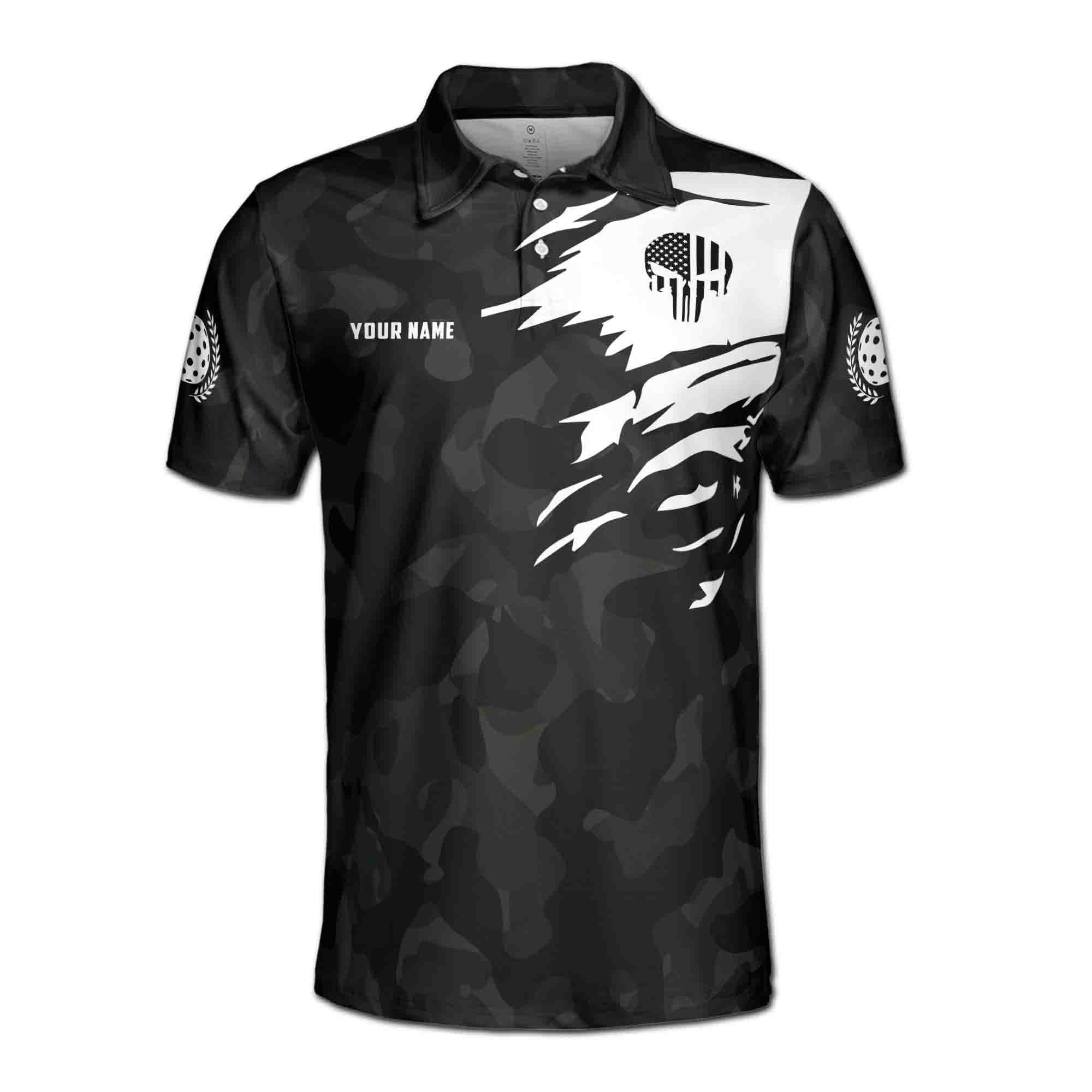 Alternative view of Personalizedize Name Pickleball Paddle Happy People Play Skull USA Flag Black 3D Men's Polo Shirt