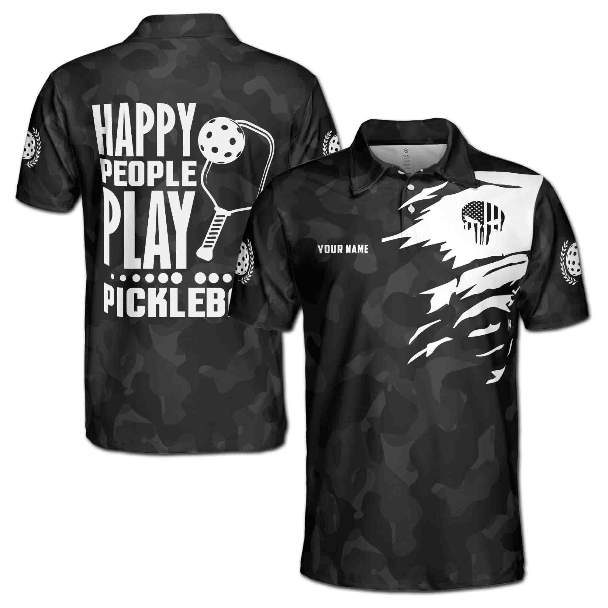 Personalizedize Name Pickleball Paddle Happy People Play Skull USA Flag Black 3D Men's Polo Shirt