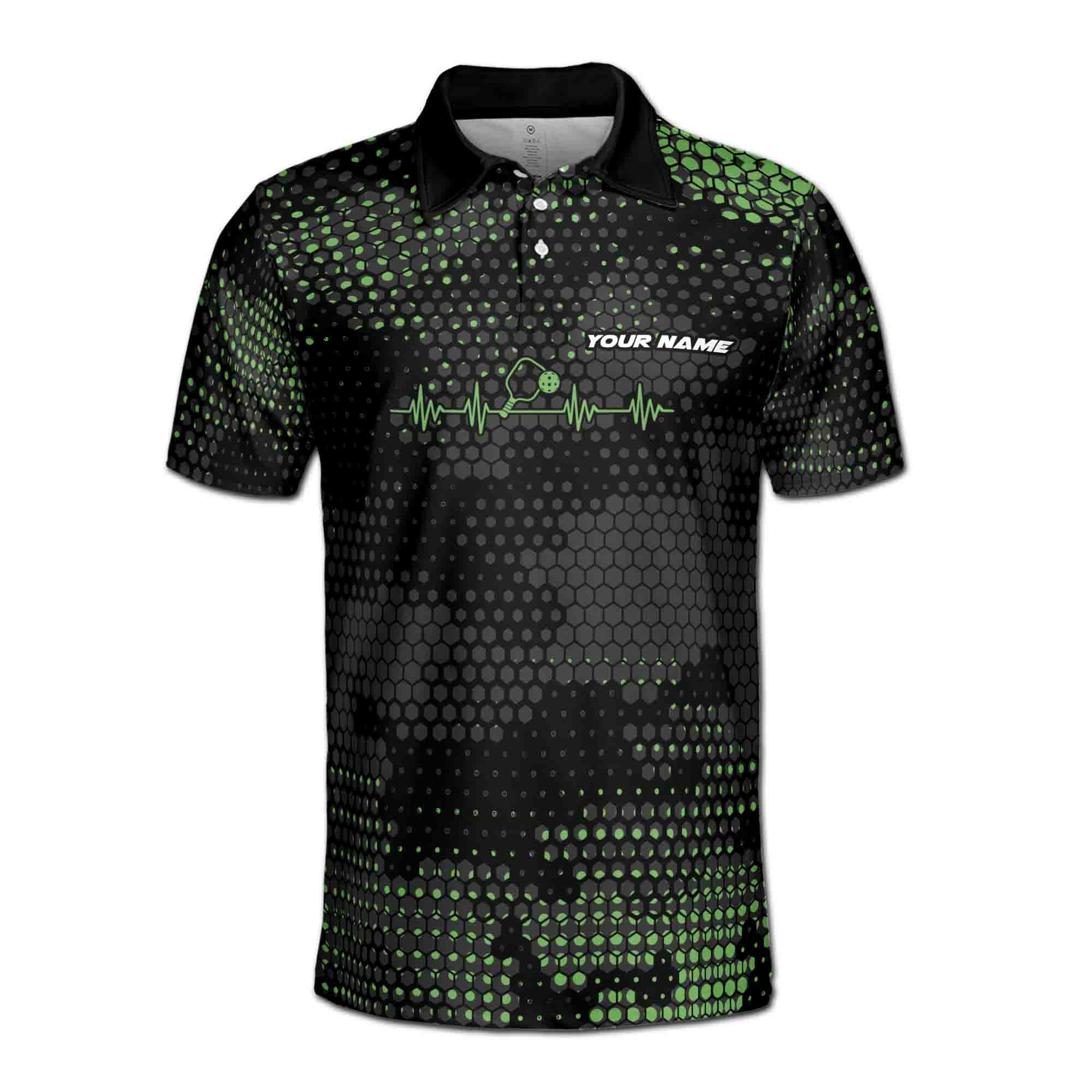 Alternative view of Personalizedize Name Pickleball Paddle Heartbeat Hexagon Pattern Black Green 3D Men's Polo Shirt