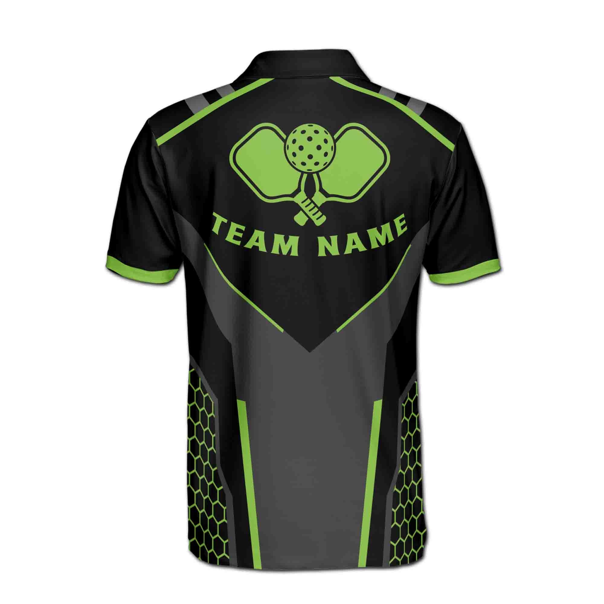 Personalizedize Name Pickleball Paddle Hexagon Pattern Black Lime 3D Men's Polo Shirt - Image 3