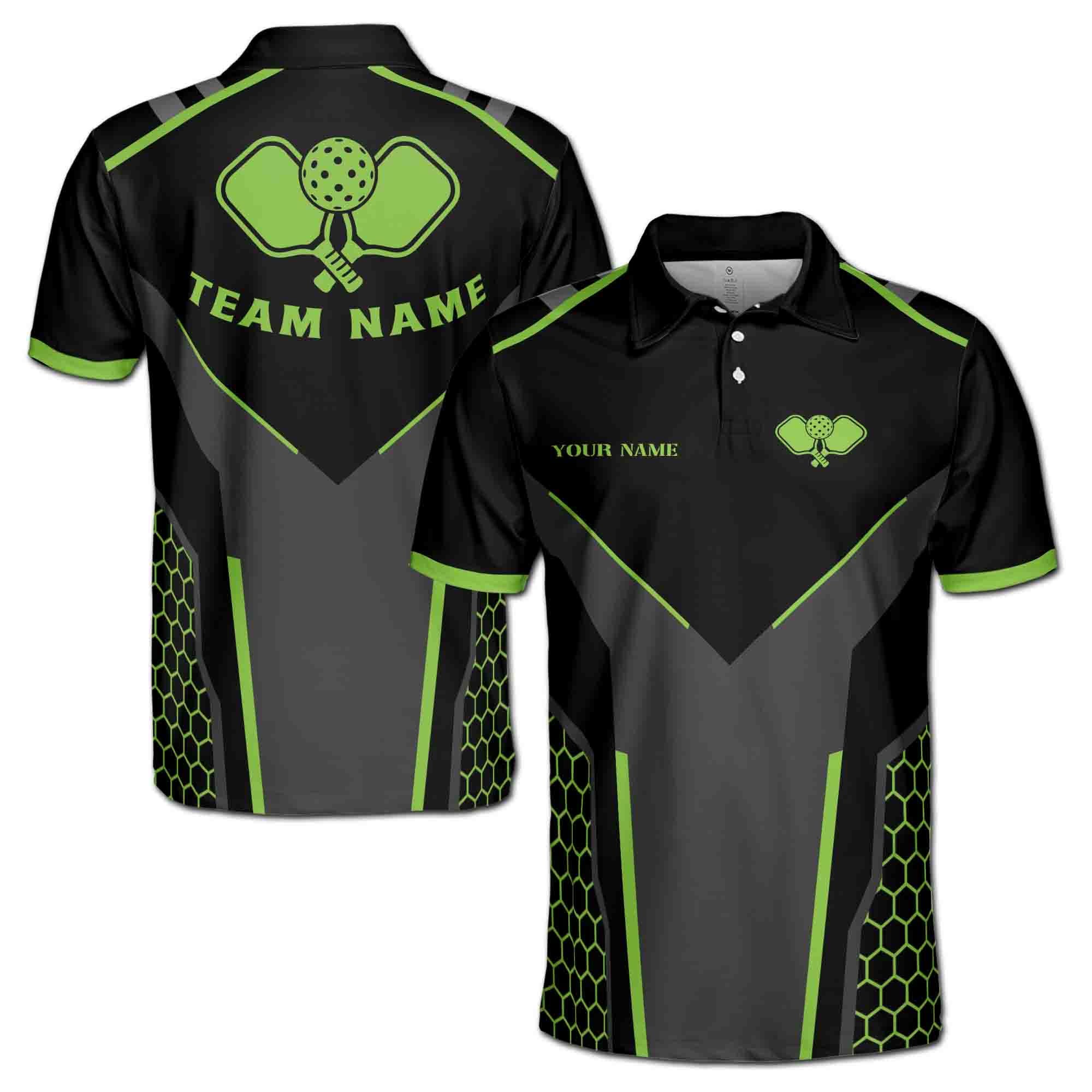 Personalizedize Name Pickleball Paddle Hexagon Pattern Black Lime 3D Men's Polo Shirt