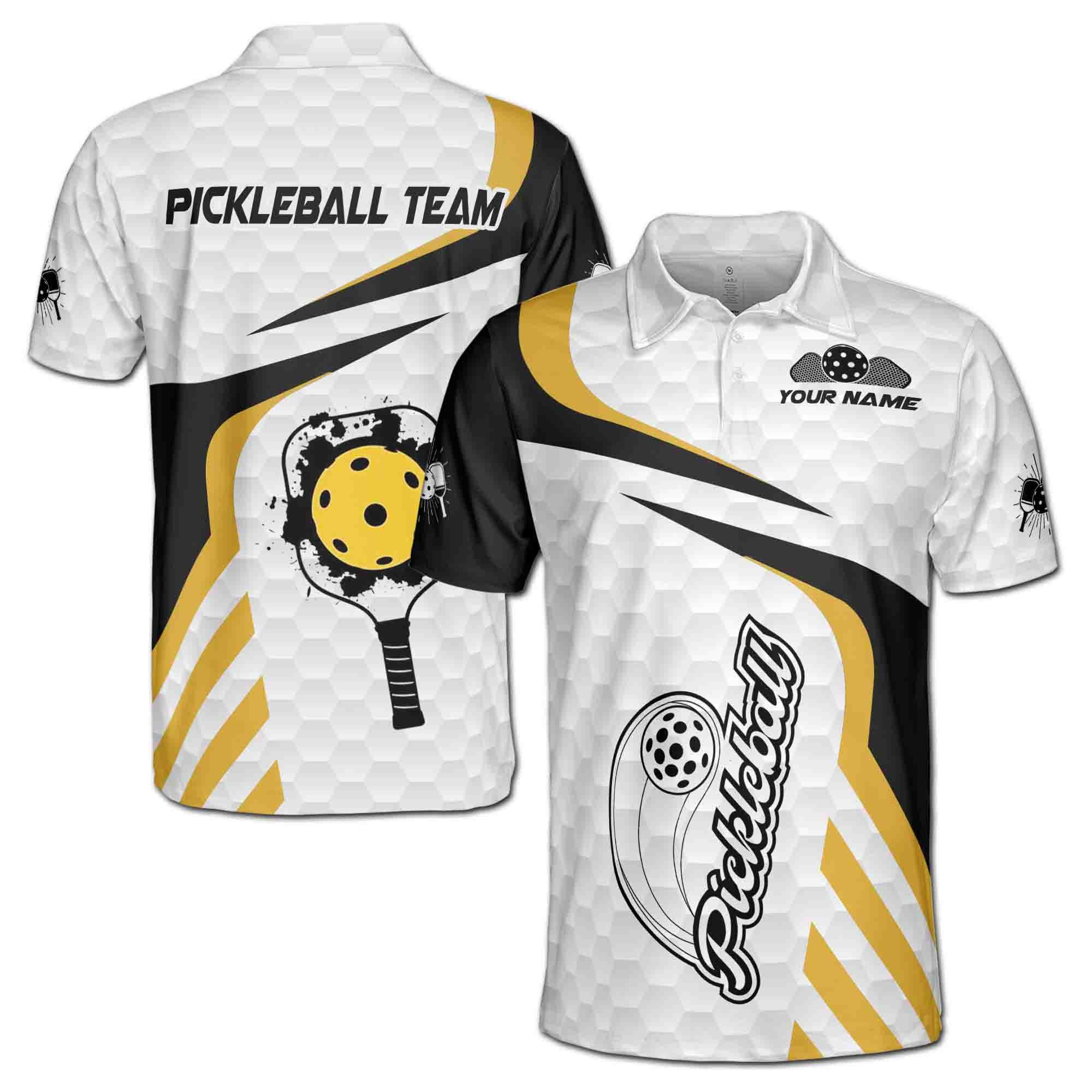 Personalizedize Name Pickleball Paddle Hexagon Pattern White Black Yellow 3D Men's Polo Shirt