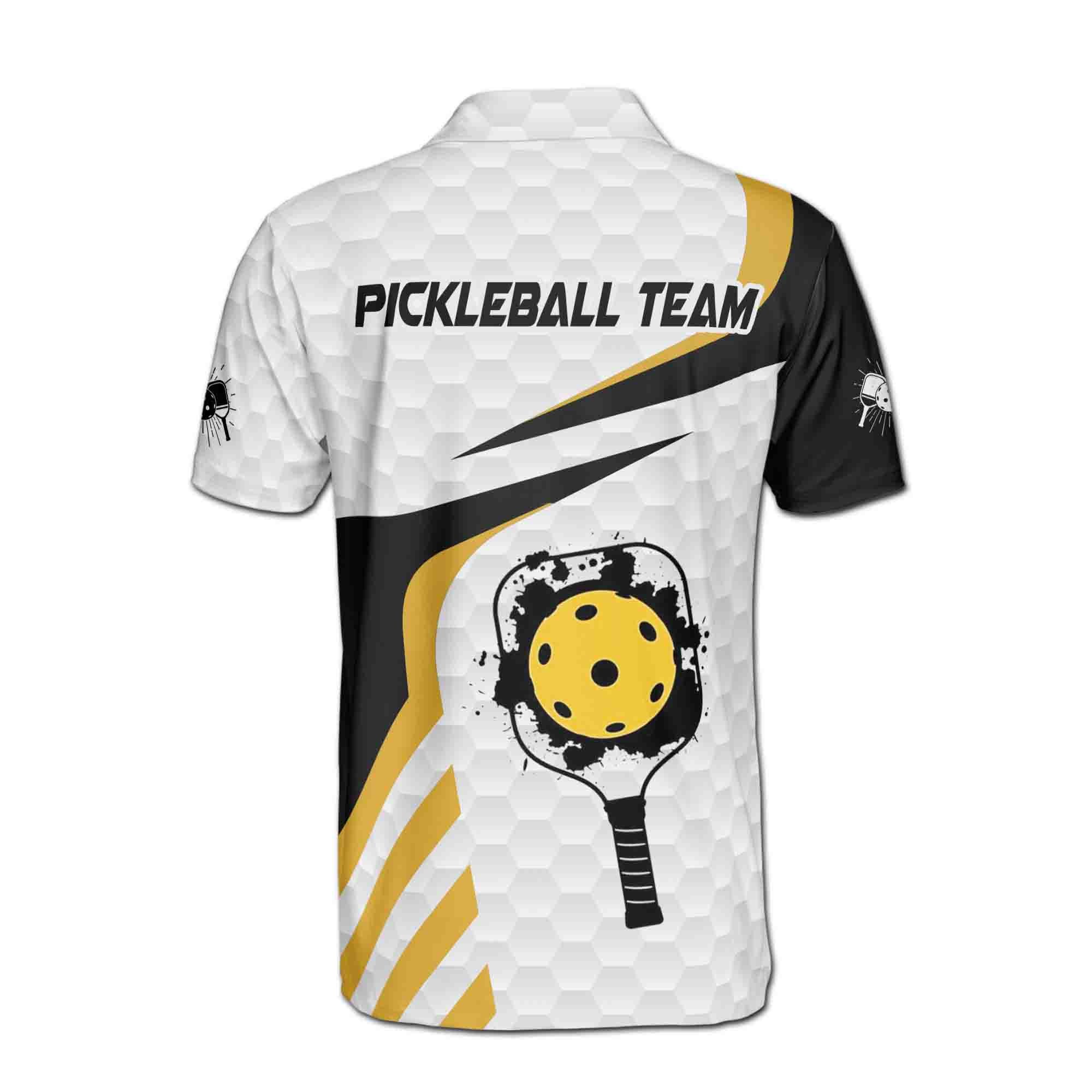 Personalizedize Name Pickleball Paddle Hexagon Pattern White Black Yellow 3D Men's Polo Shirt - Image 3