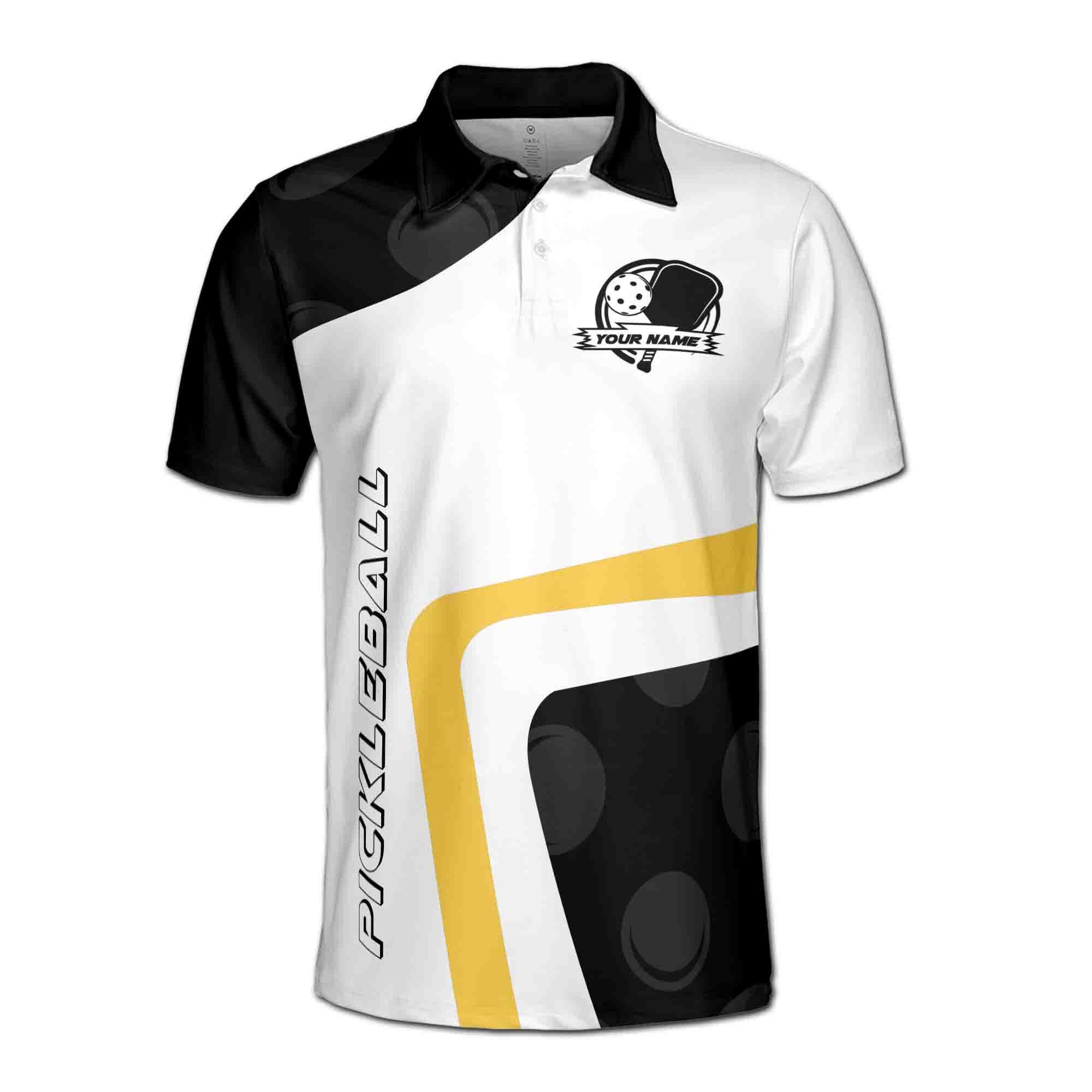 Alternative view of Personalizedize Name Pickleball Paddle Holding Hand Black White Yellow 3D Men's Polo Shirt