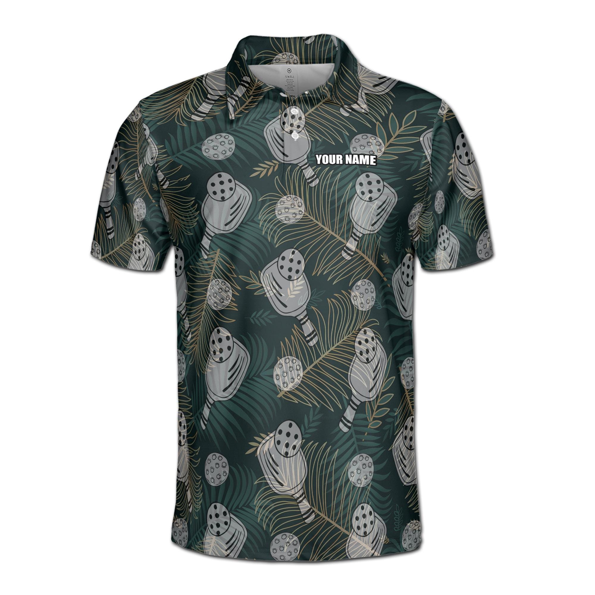 Alternative view of Personalizedize Name Pickleball Paddle Leaves Pattern Dark Green 3D Men's Polo Shirt