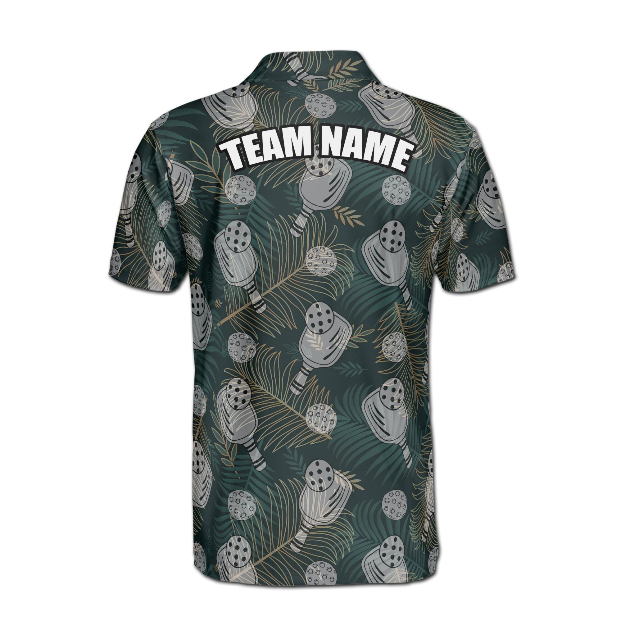 Personalizedize Name Pickleball Paddle Leaves Pattern Dark Green 3D Men's Polo Shirt - Image 3