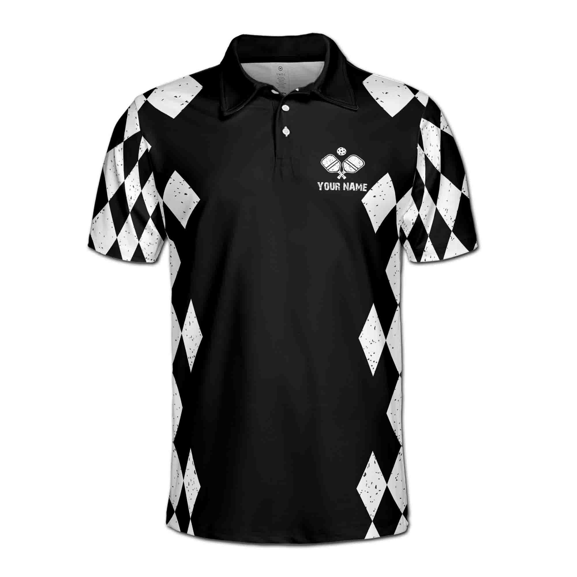 Alternative view of Personalizedize Name Pickleball Paddle Love Hate Nice Shot Black White 3D Men's Polo Shirt