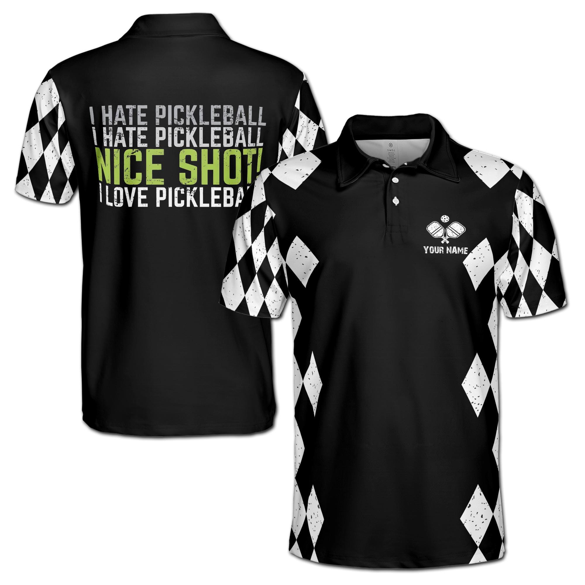 Personalizedize Name Pickleball Paddle Love Hate Nice Shot Black White 3D Men's Polo Shirt