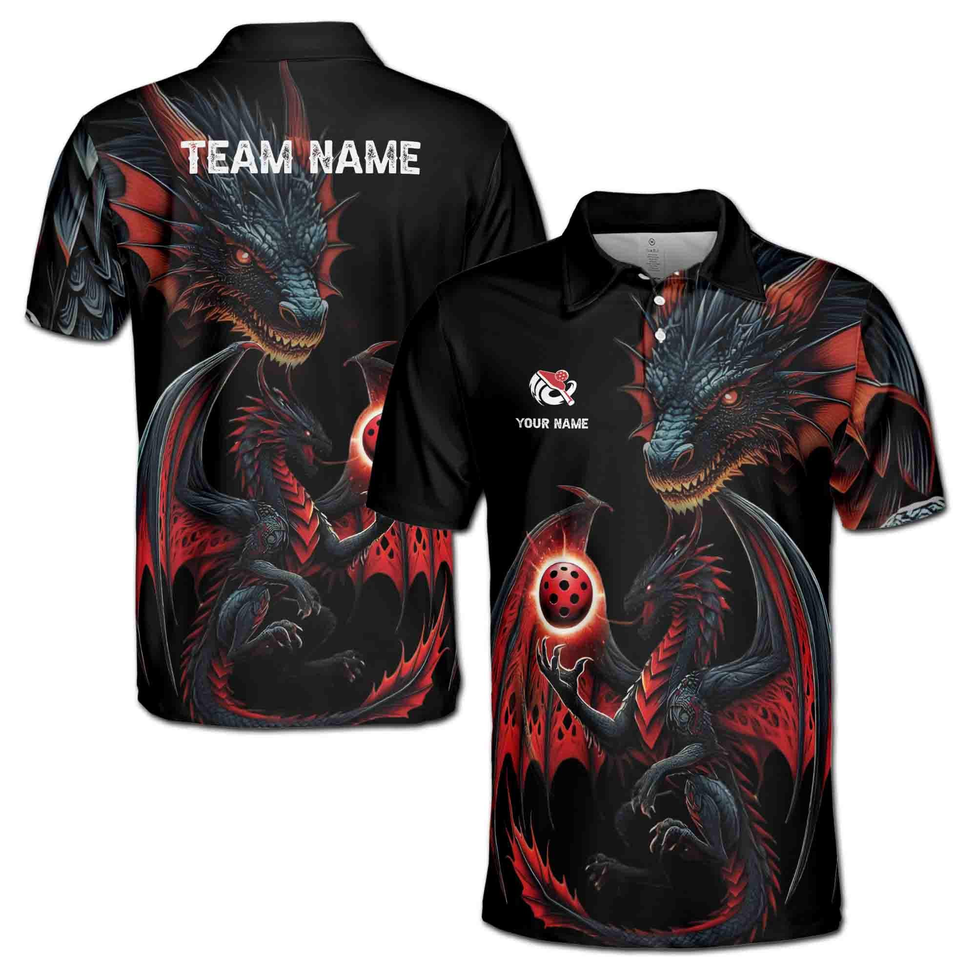 Personalizedize Name Pickleball Paddle Majestic Dragon Black 3D Men's Polo Shirt