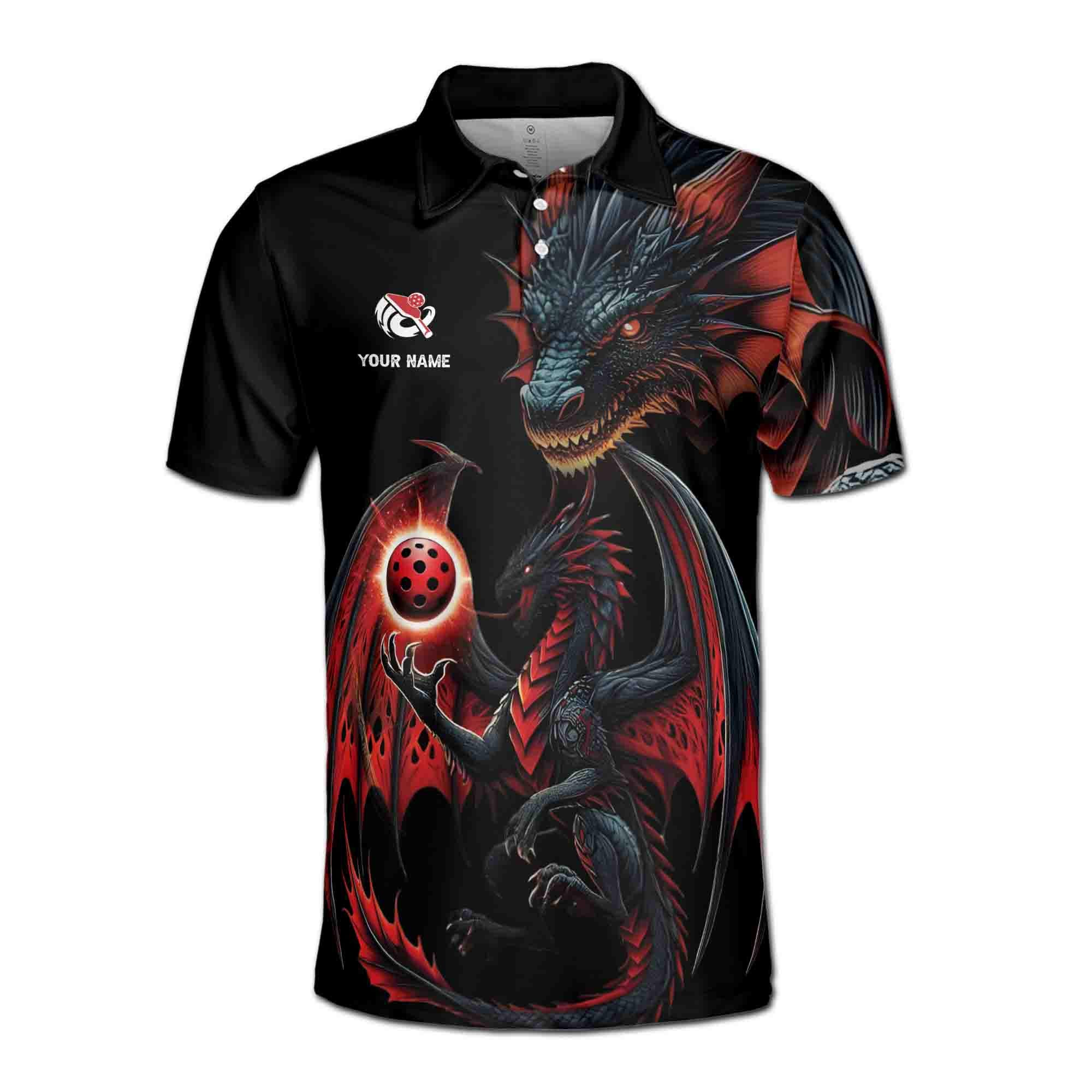 Alternative view of Personalizedize Name Pickleball Paddle Majestic Dragon Black 3D Men's Polo Shirt