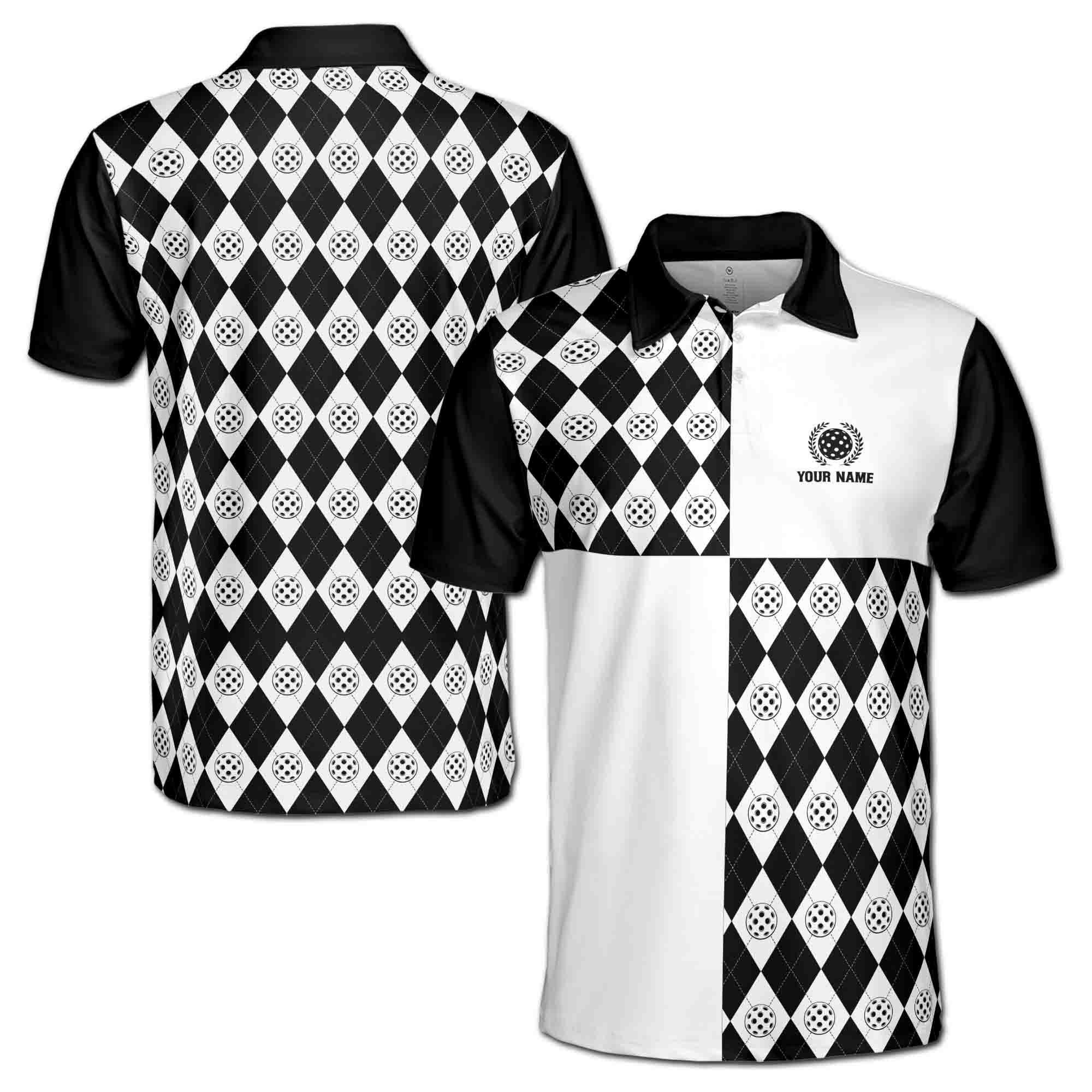 Personalizedize Name Pickleball Paddle Olive Wreath Balls Pattern Black White 3D Men's Polo Shirt