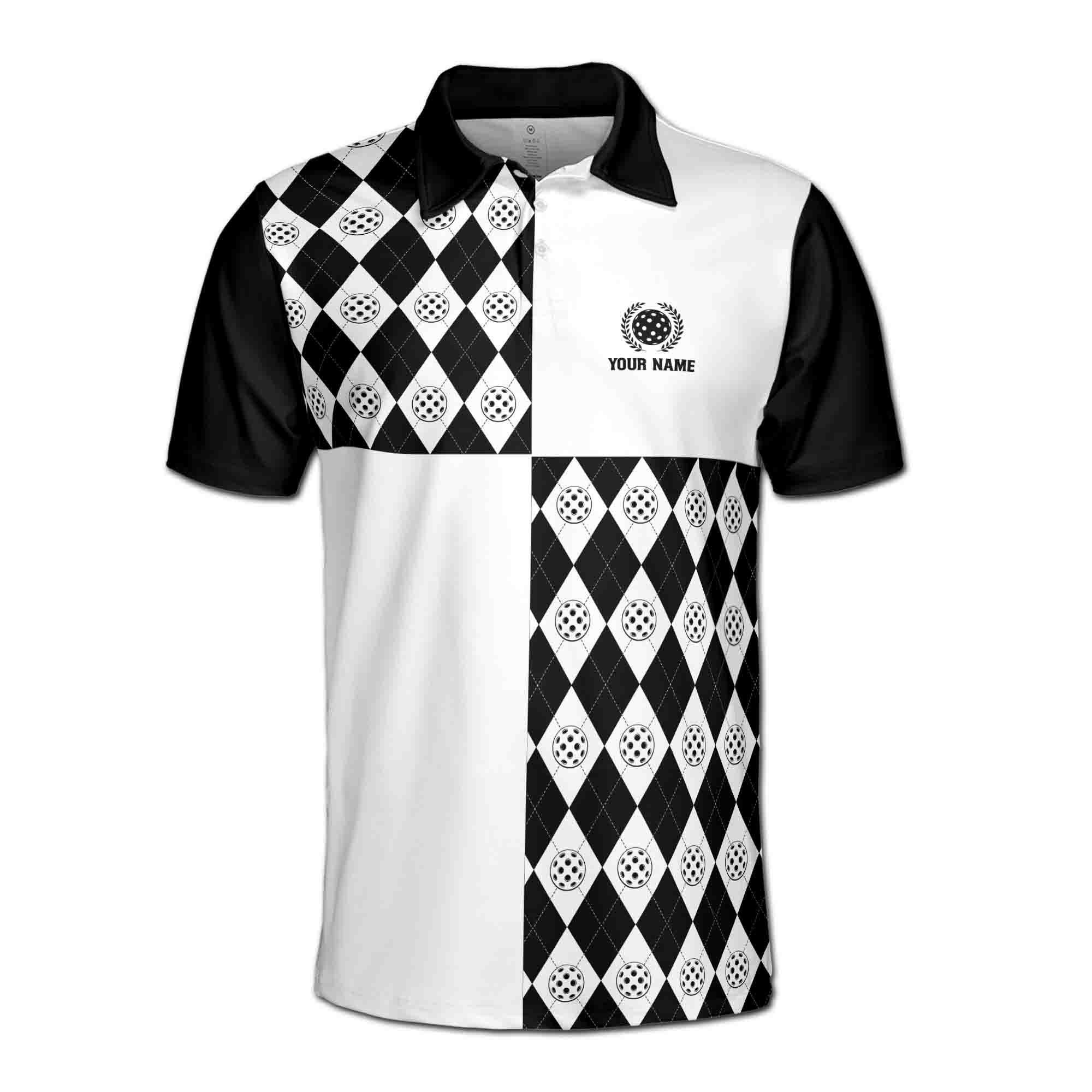 Alternative view of Personalizedize Name Pickleball Paddle Olive Wreath Balls Pattern Black White 3D Men's Polo Shirt