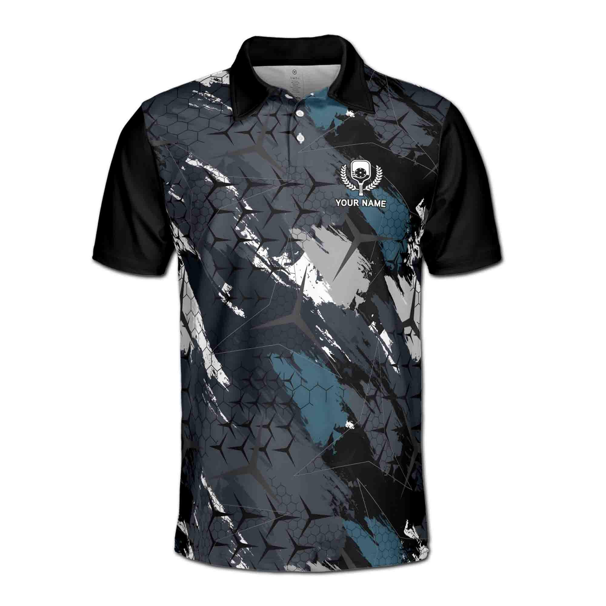 Alternative view of Personalizedize Name Pickleball Paddle Olive Wreath Grunge Black 3D Men's Polo Shirt