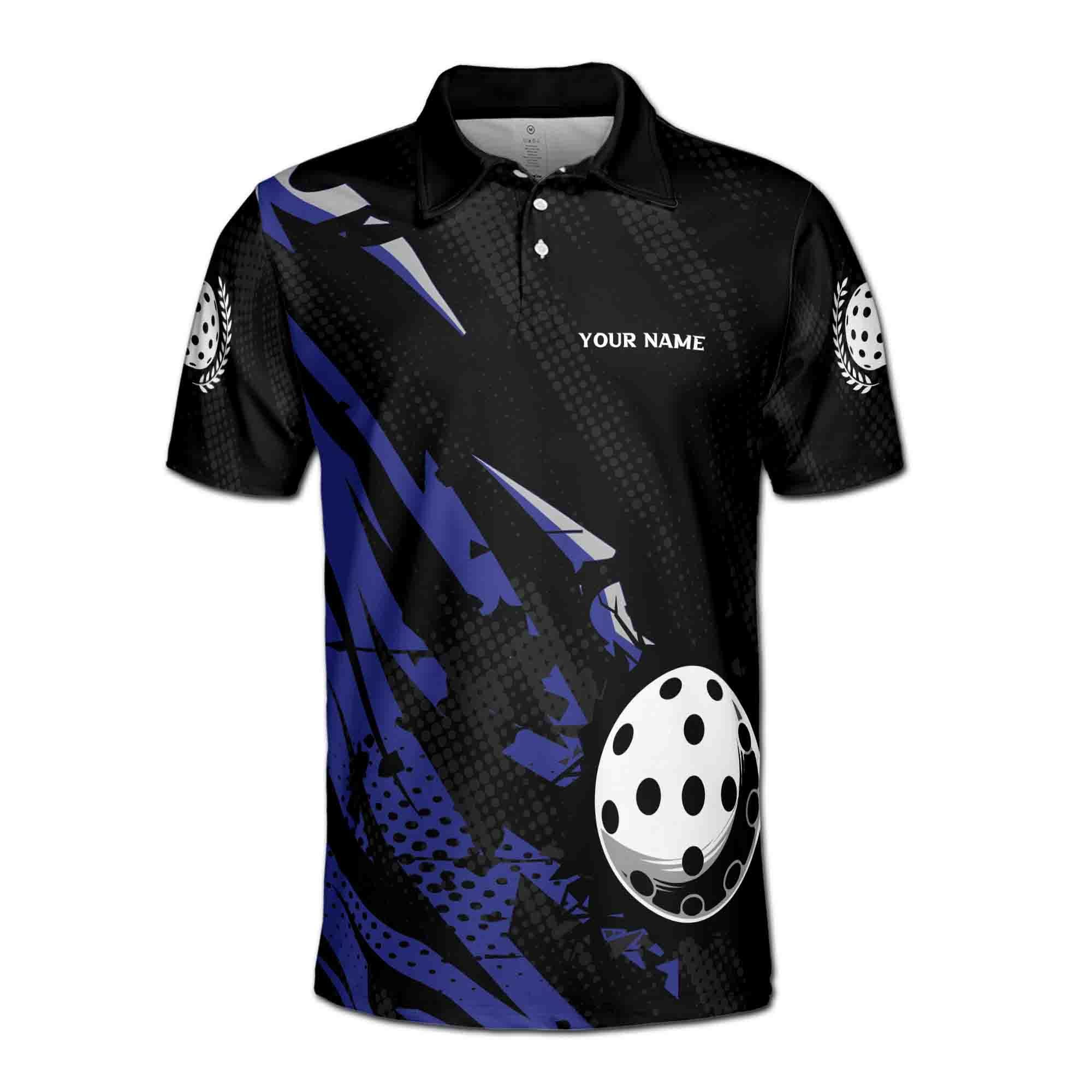 Alternative view of Personalizedize Name Pickleball Paddle Olive Wreath Grunge Black Blue 3D Men's Polo Shirt