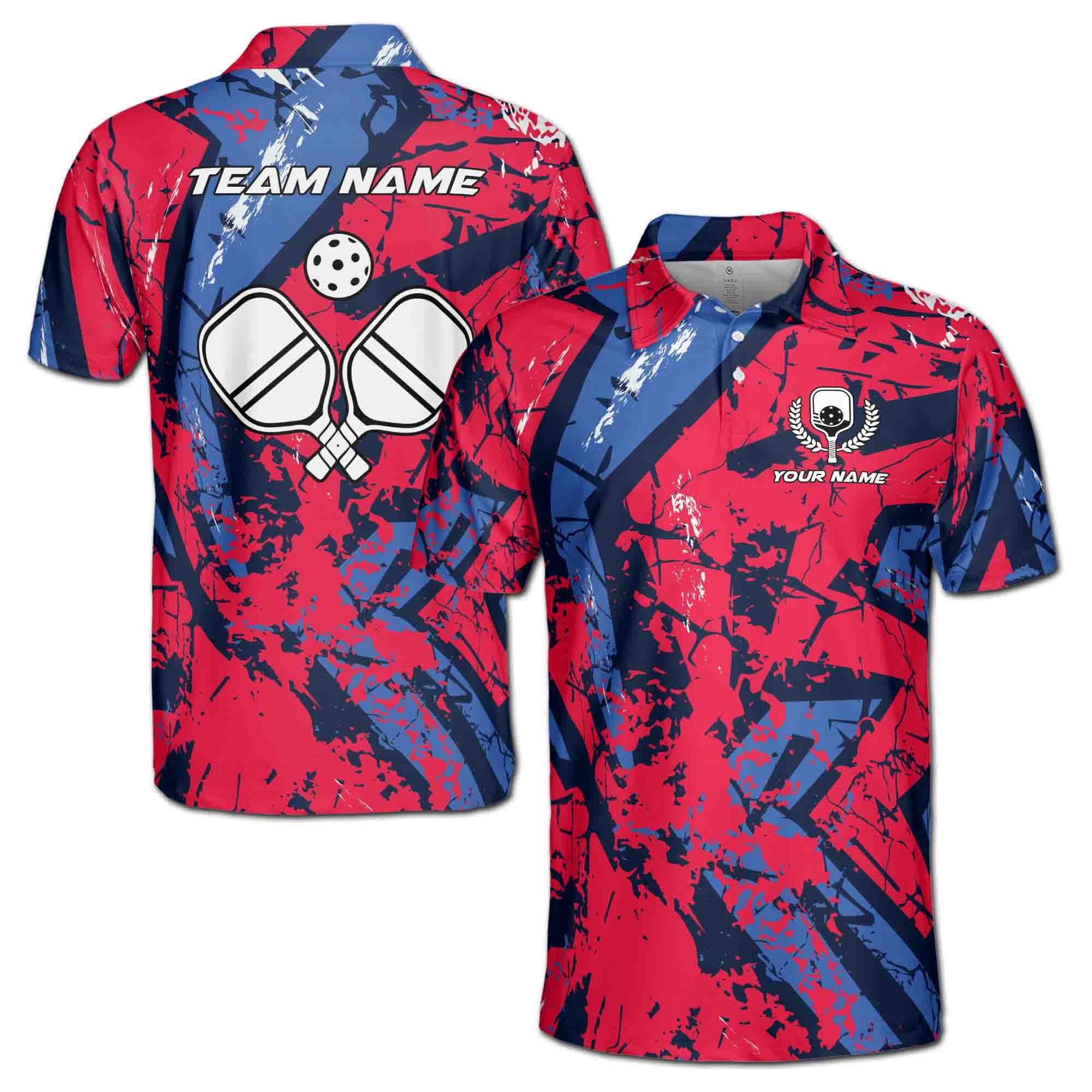 Personalizedize Name Pickleball Paddle Olive Wreath Grunge Red Blue 3D Men's Polo Shirt