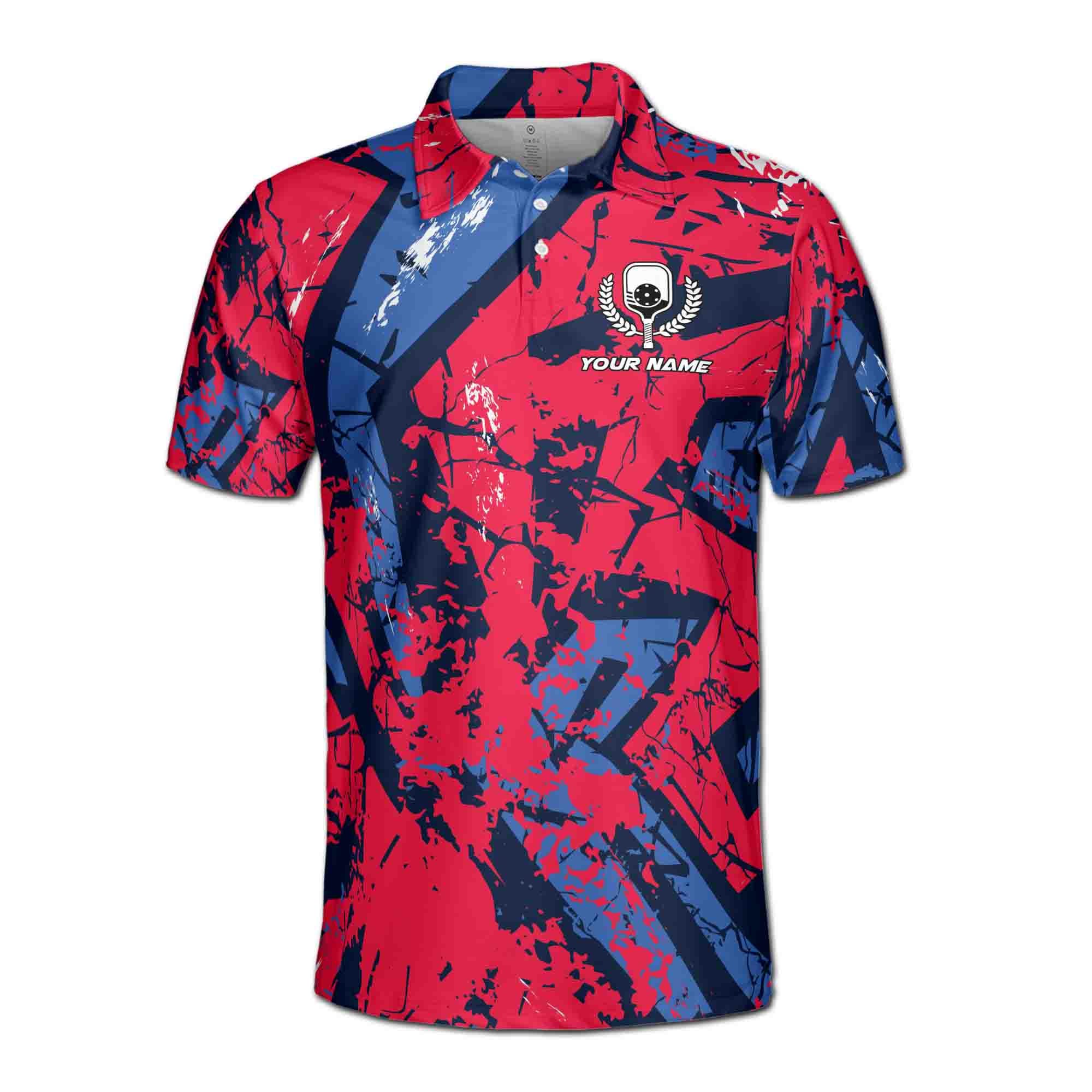 Alternative view of Personalizedize Name Pickleball Paddle Olive Wreath Grunge Red Blue 3D Men's Polo Shirt